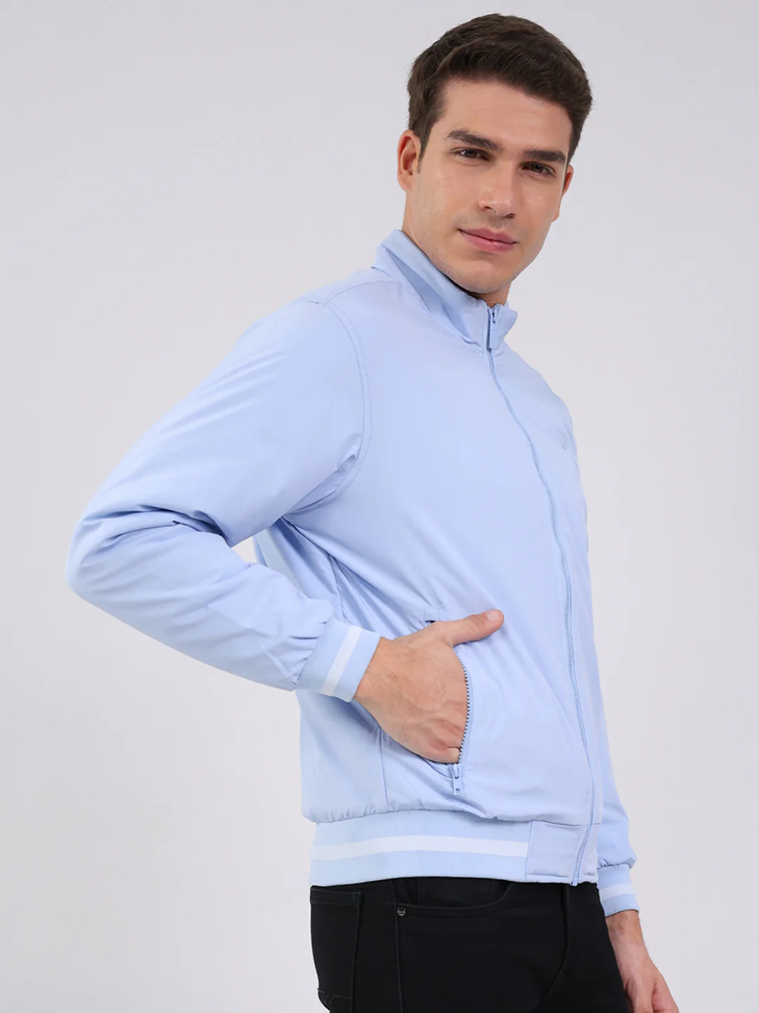 Men Sky Blue Solid Mock Neck Full Sleeve Jacket - Image 4