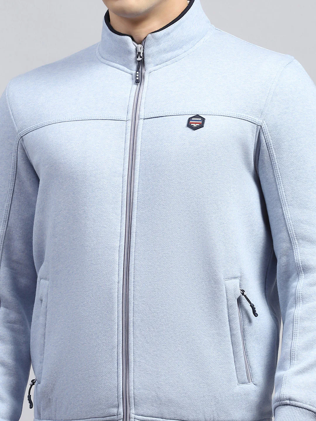 Men Sky Blue Solid Mock Neck Full Sleeve Sweatshirt - Image 6