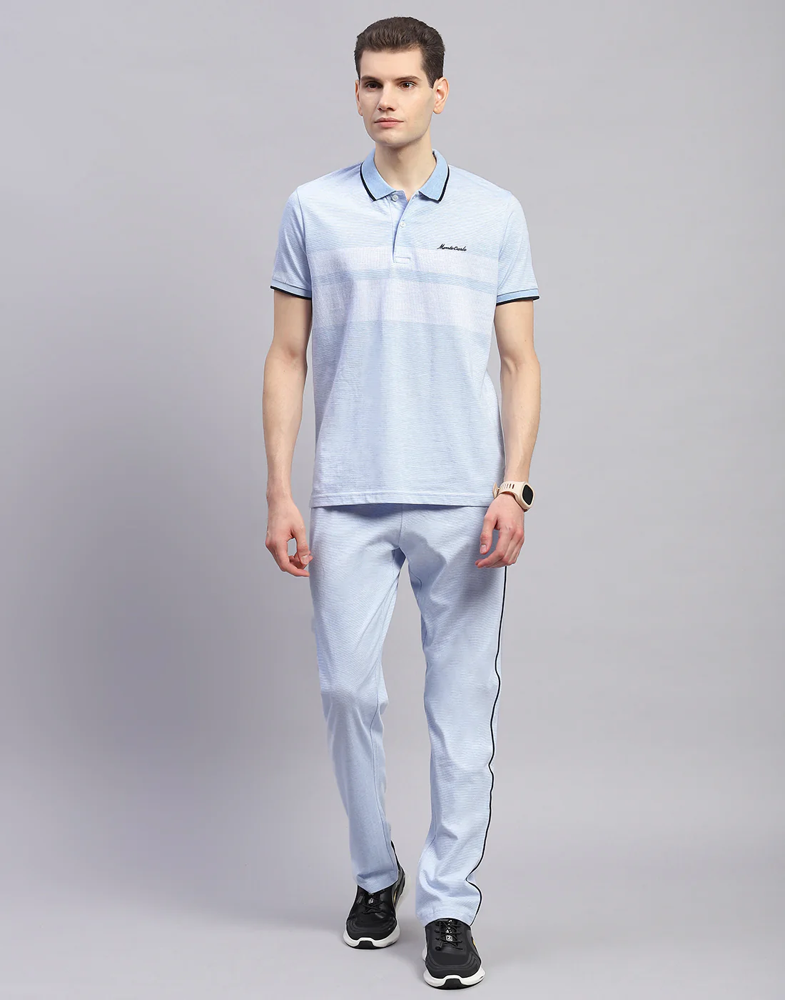 Men Sky Blue Solid Polo Collar Half Sleeve Lower Set - Image 2