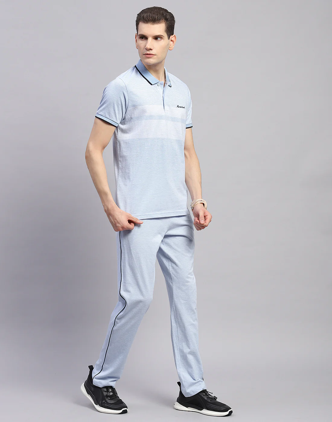 Men Sky Blue Solid Polo Collar Half Sleeve Lower Set - Image 4