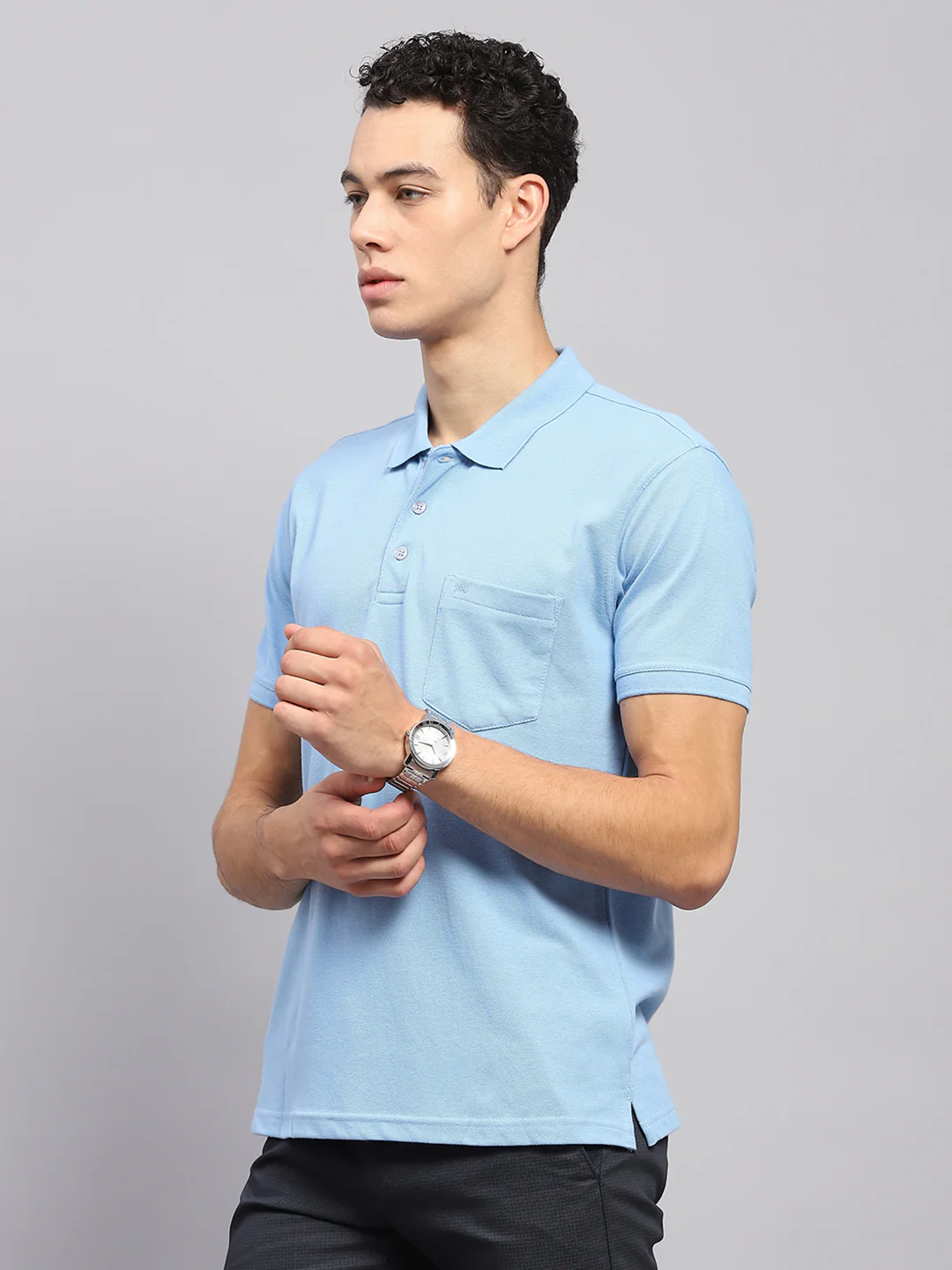 Men Sky Blue Solid Polo Collar Half Sleeve T-Shirt - Image 3