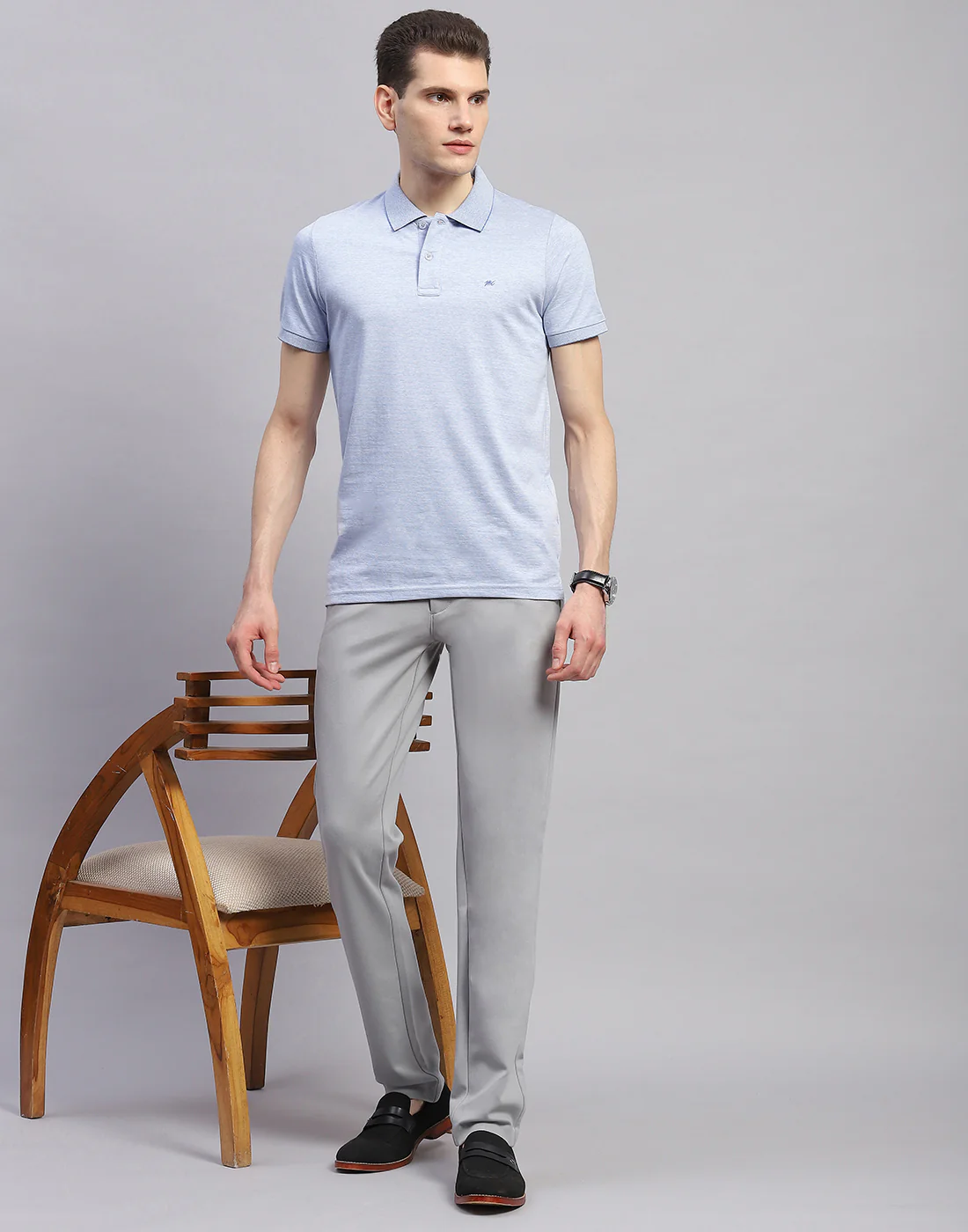 Men Sky Blue Solid Polo Collar Half Sleeve T-Shirt - Image 2