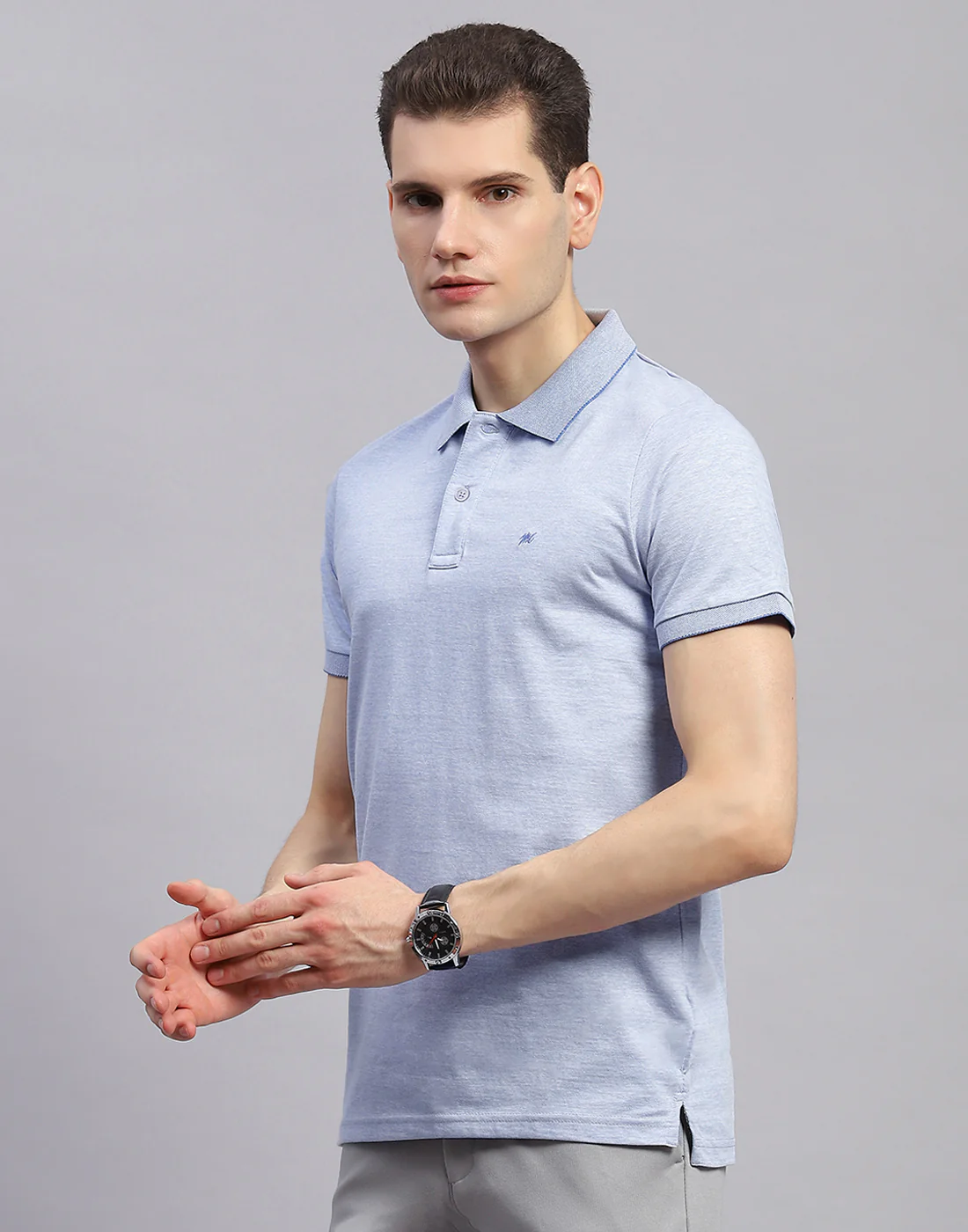 Men Sky Blue Solid Polo Collar Half Sleeve T-Shirt - Image 3