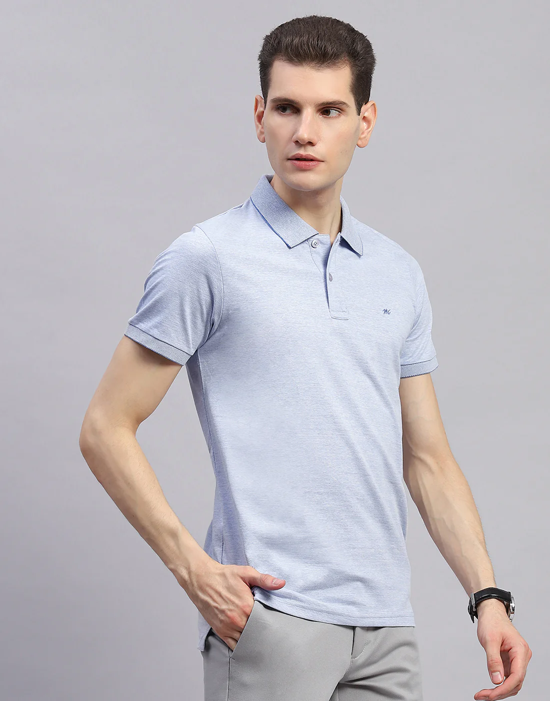 Men Sky Blue Solid Polo Collar Half Sleeve T-Shirt - Image 4