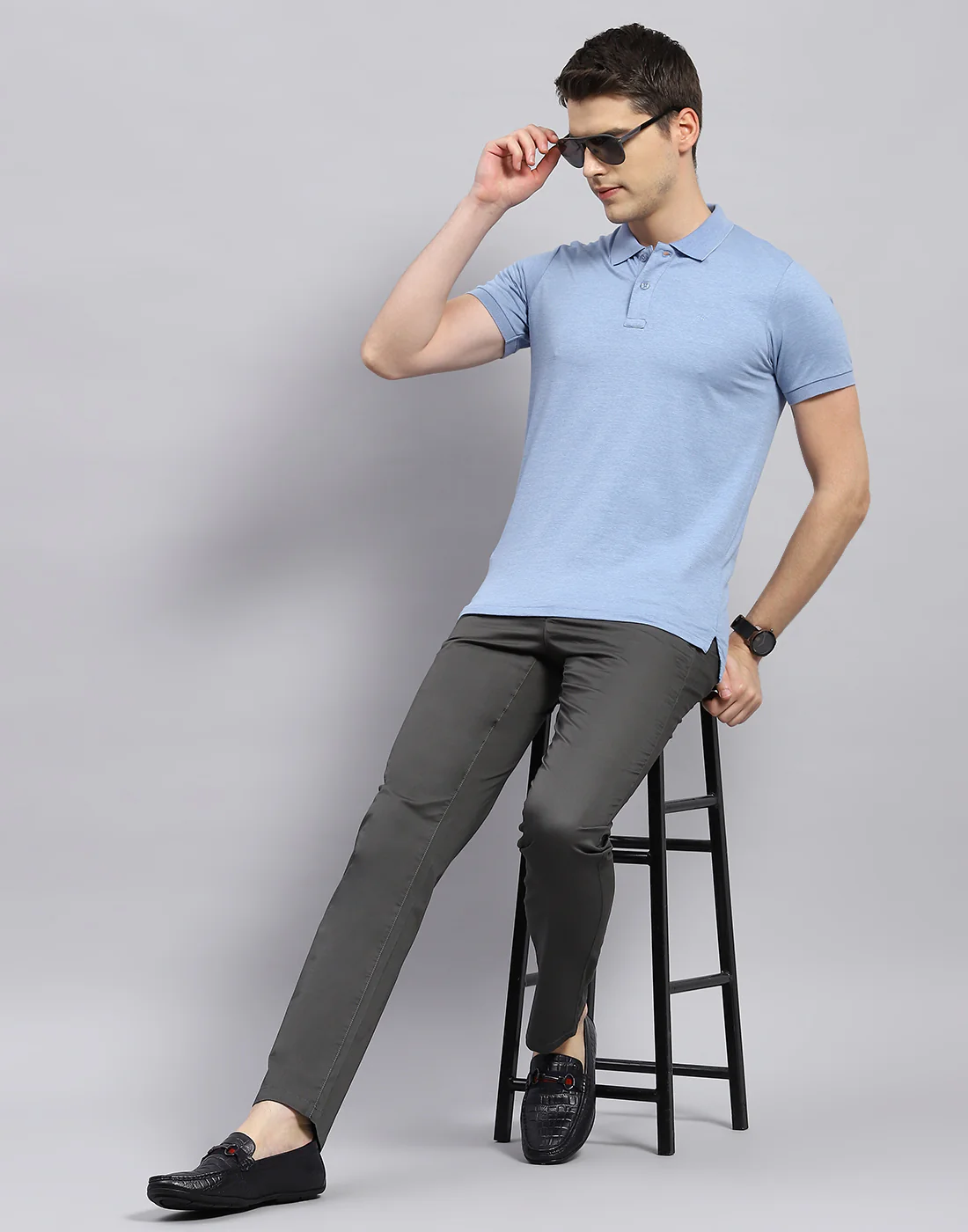 Men Sky Blue Solid Polo Collar Half Sleeve T-Shirt - Image 2