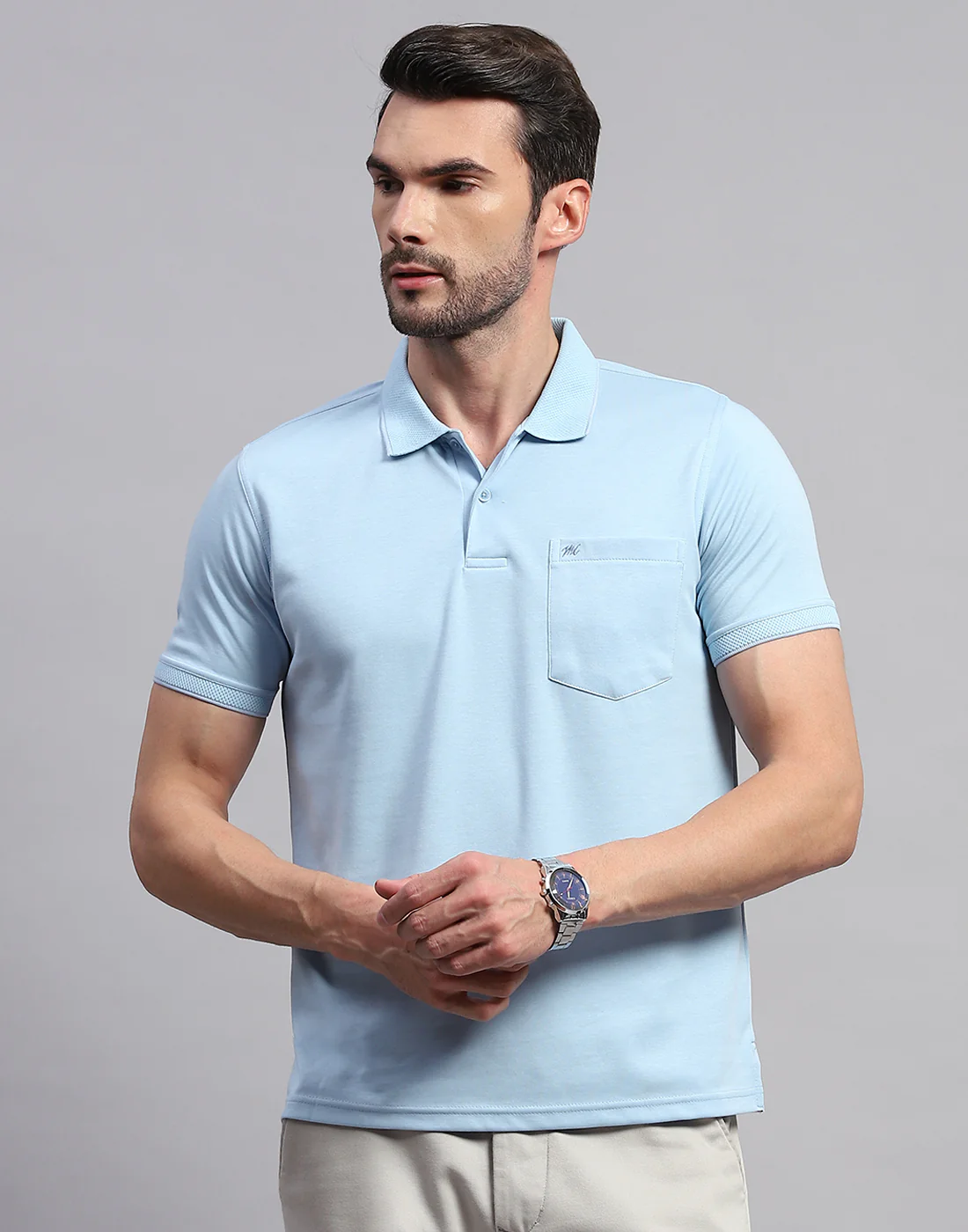 Men Sky Blue Solid Polo Collar Half Sleeve T-Shirt - Image 4