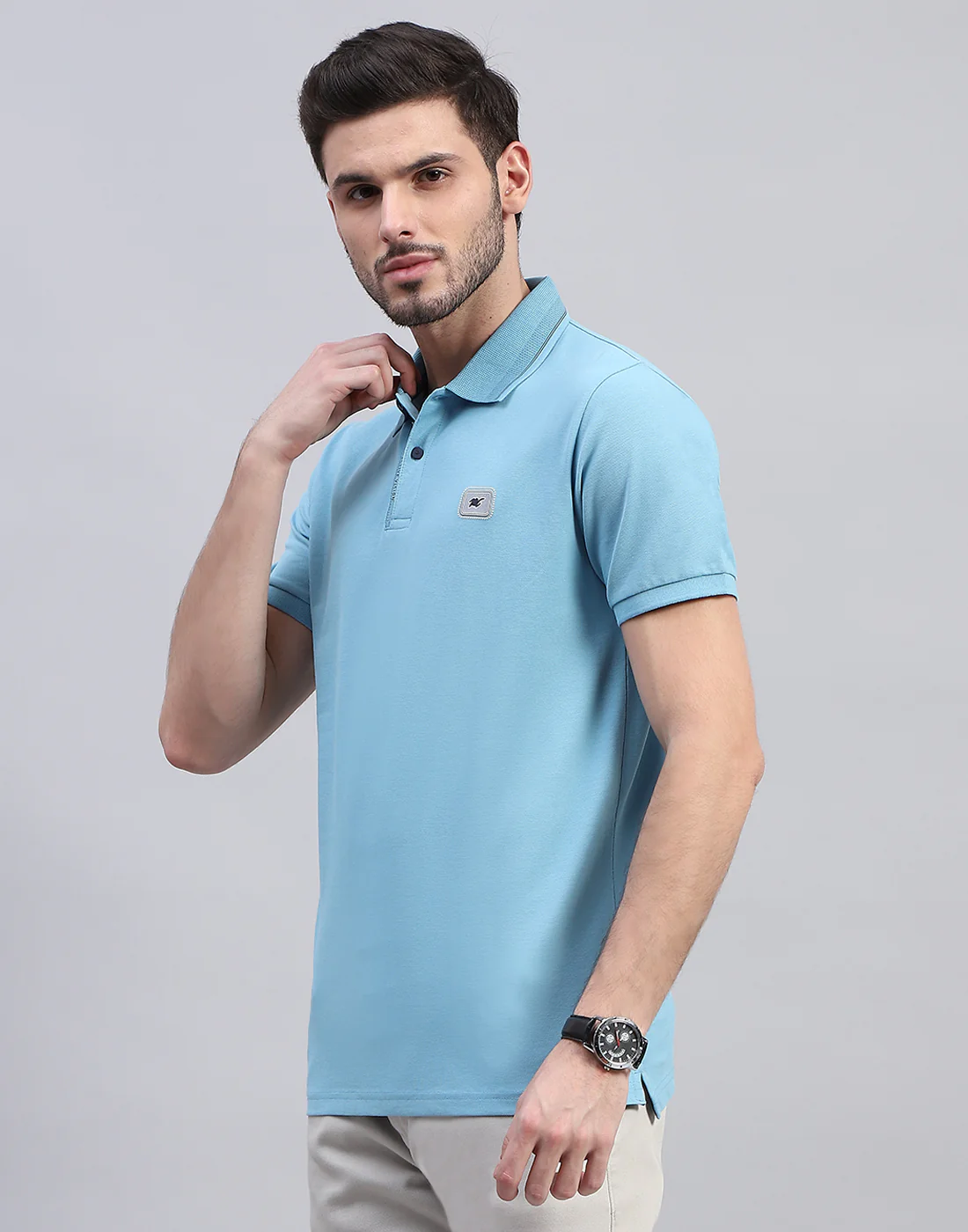 Men Sky Blue Solid Polo Collar Half Sleeve T-Shirt - Image 3