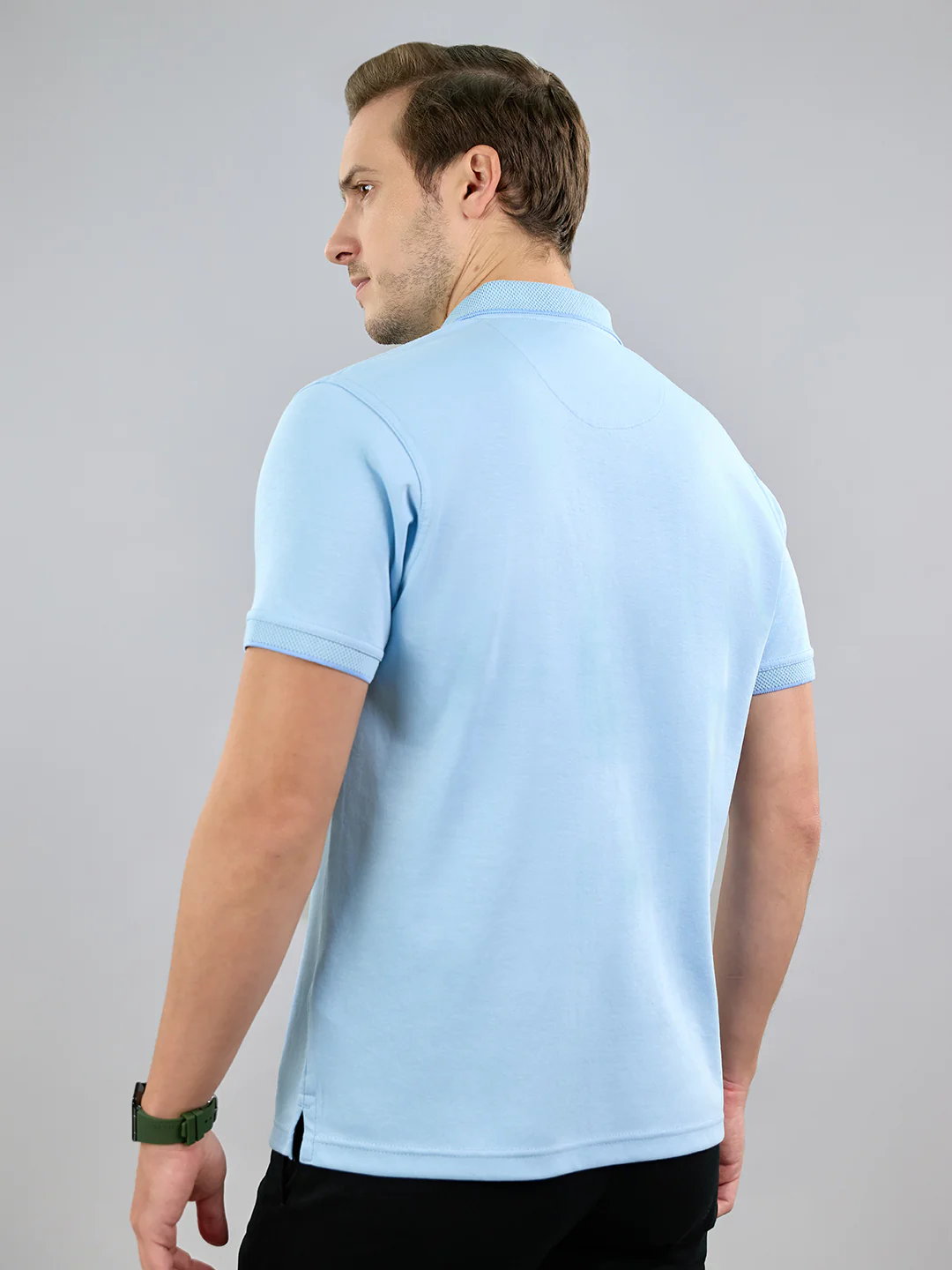 Men Sky Blue Solid Polo Collar Half Sleeve T-Shirt - Image 4