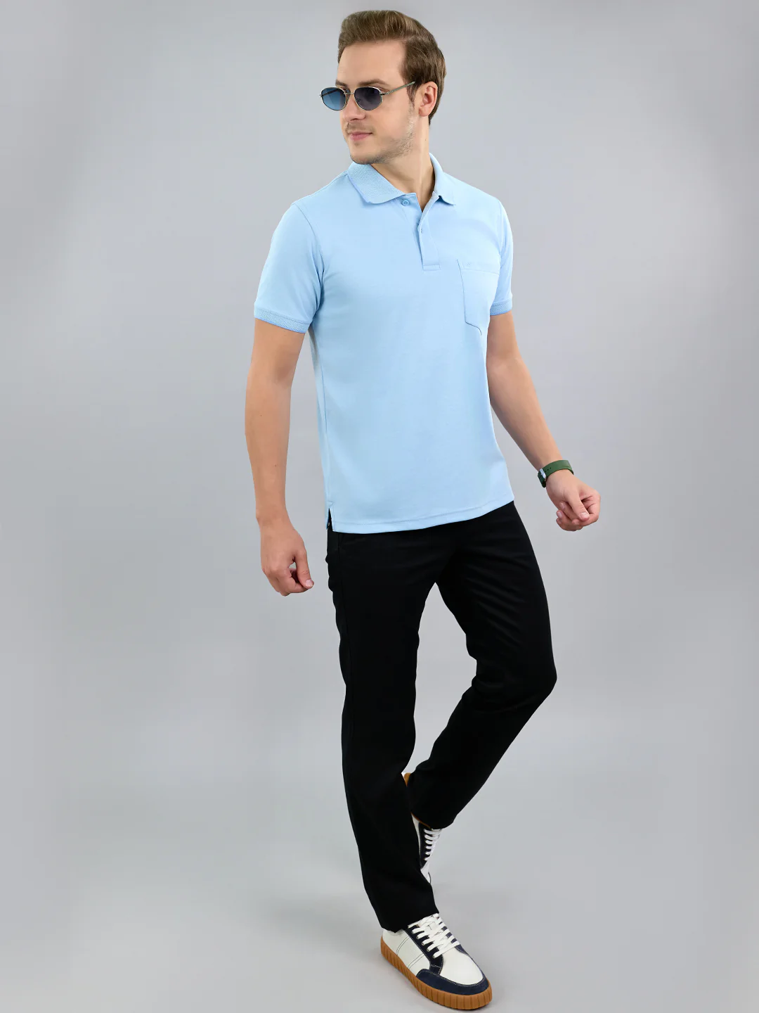 Men Sky Blue Solid Polo Collar Half Sleeve T-Shirt - Image 6