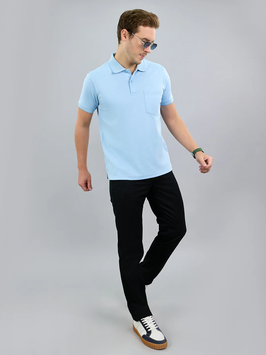 Men Sky Blue Solid Polo Collar Half Sleeve T-Shirt - Image 7