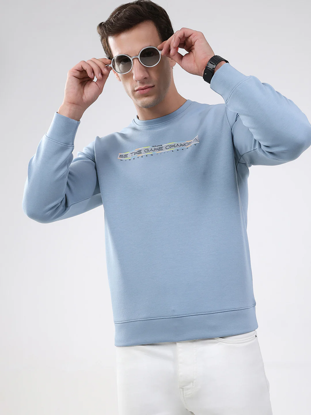 Men Sky Blue Solid Round Neck Full Sleeve Sweatshirt - Image 6