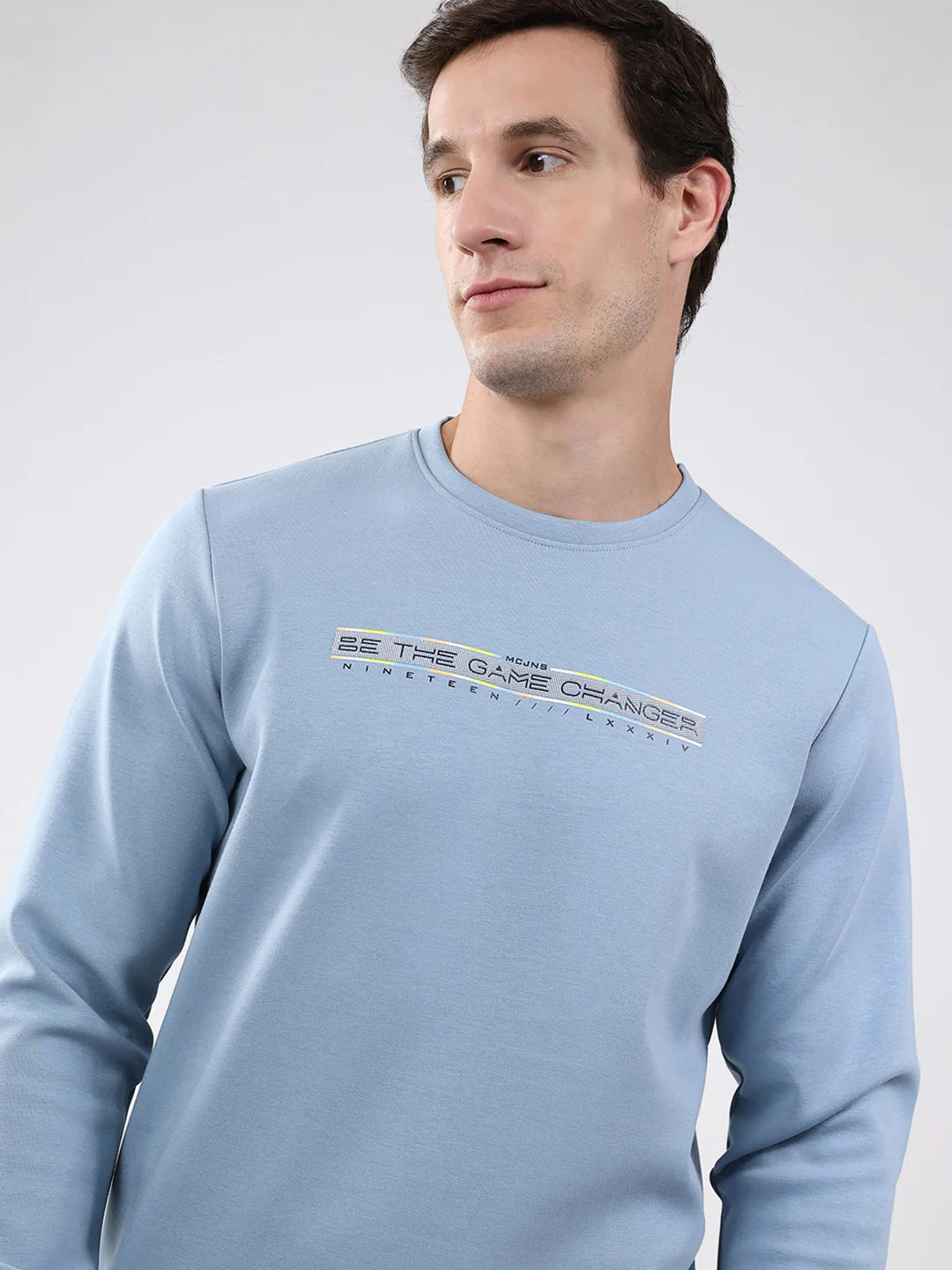 Men Sky Blue Solid Round Neck Full Sleeve Sweatshirt - Image 7