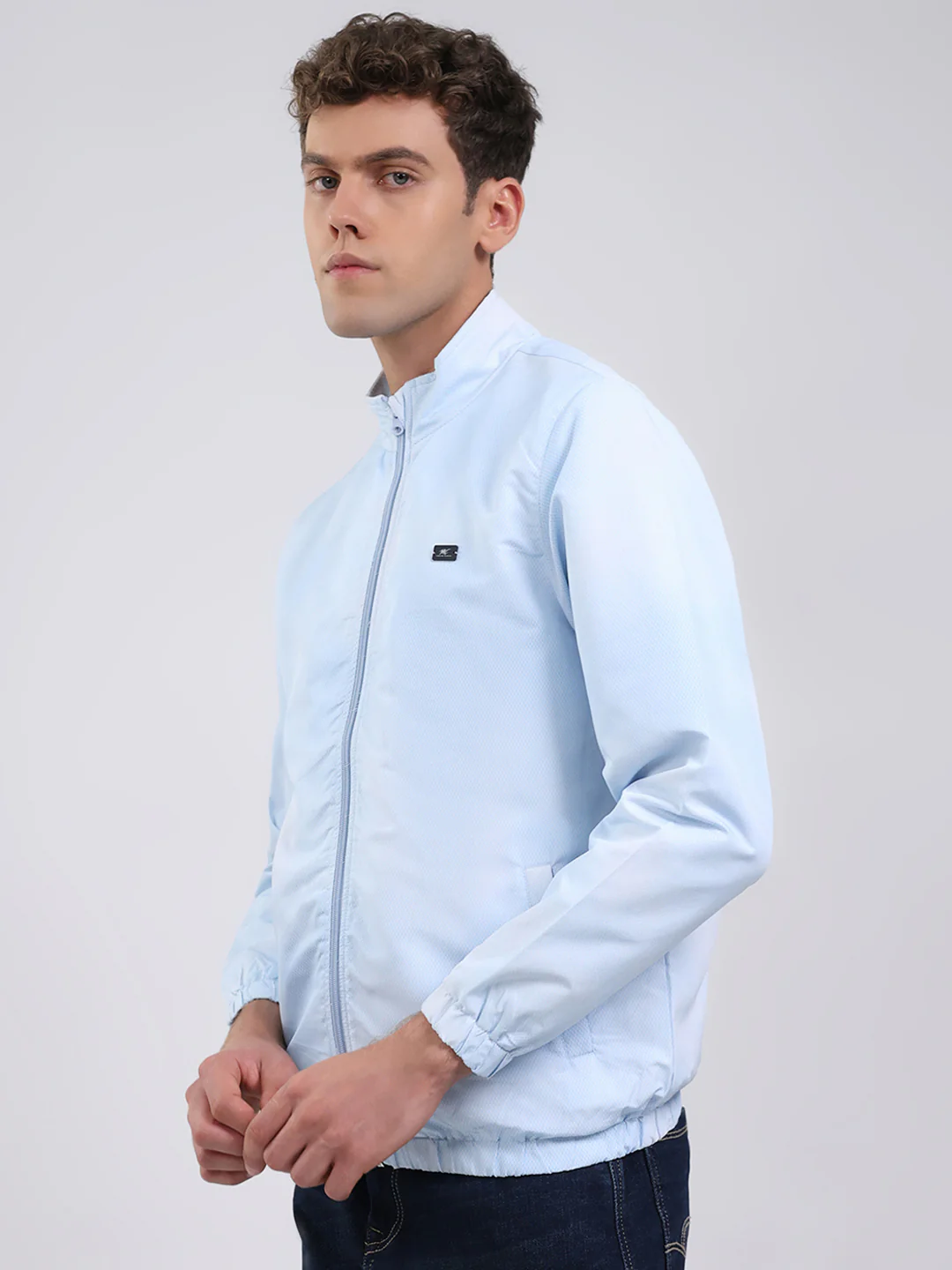 Men Sky Blue Solid Stand Collar Full Sleeve Jacket - Image 3