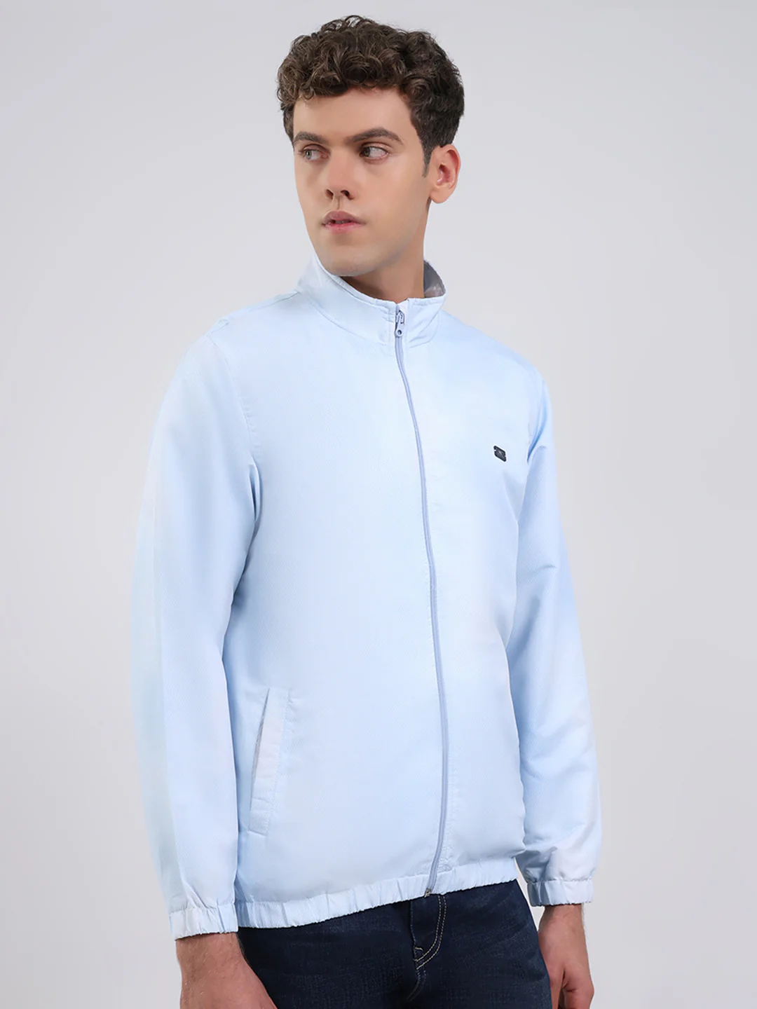 Men Sky Blue Solid Stand Collar Full Sleeve Jacket - Image 4