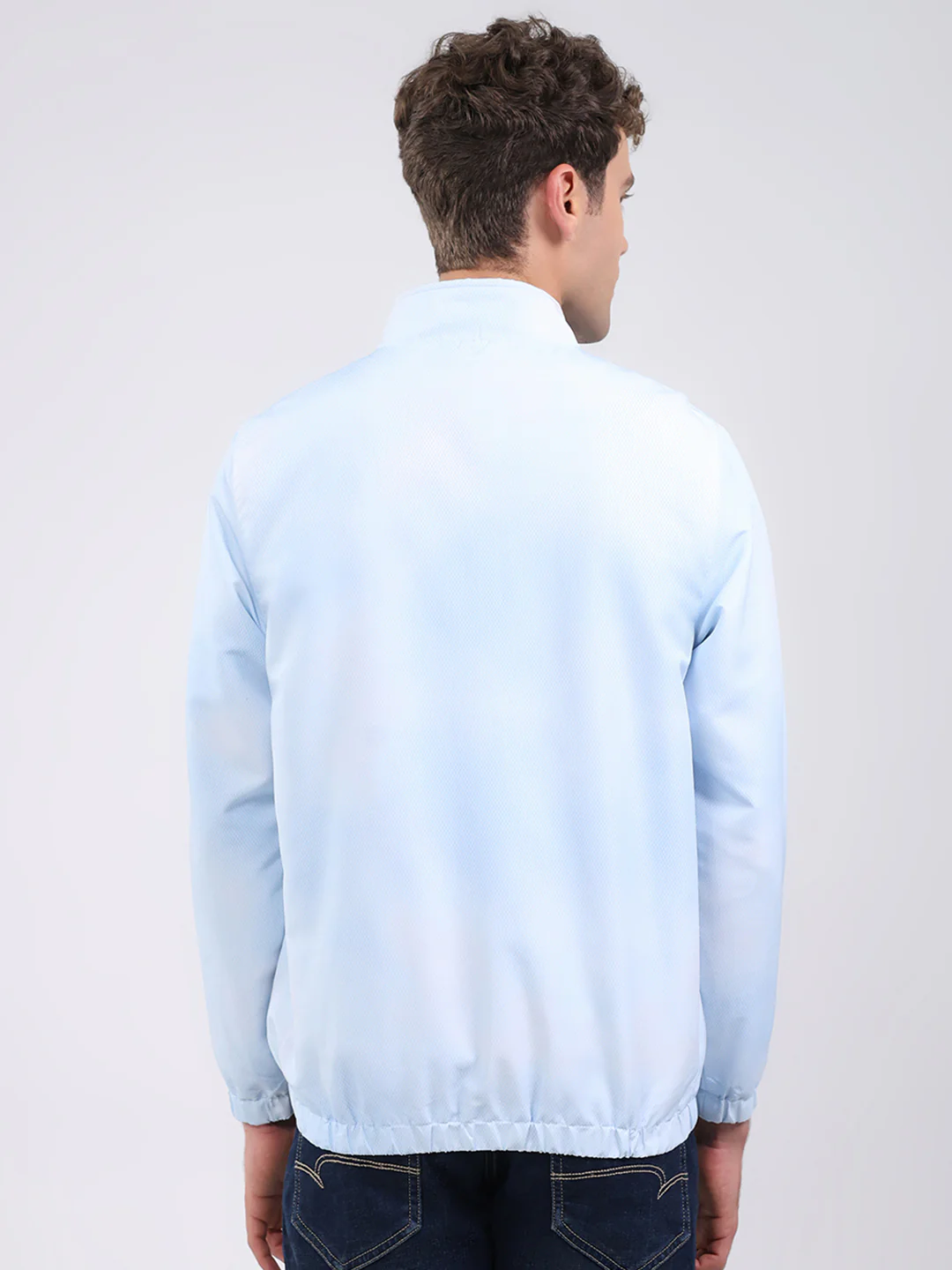 Men Sky Blue Solid Stand Collar Full Sleeve Jacket - Image 5