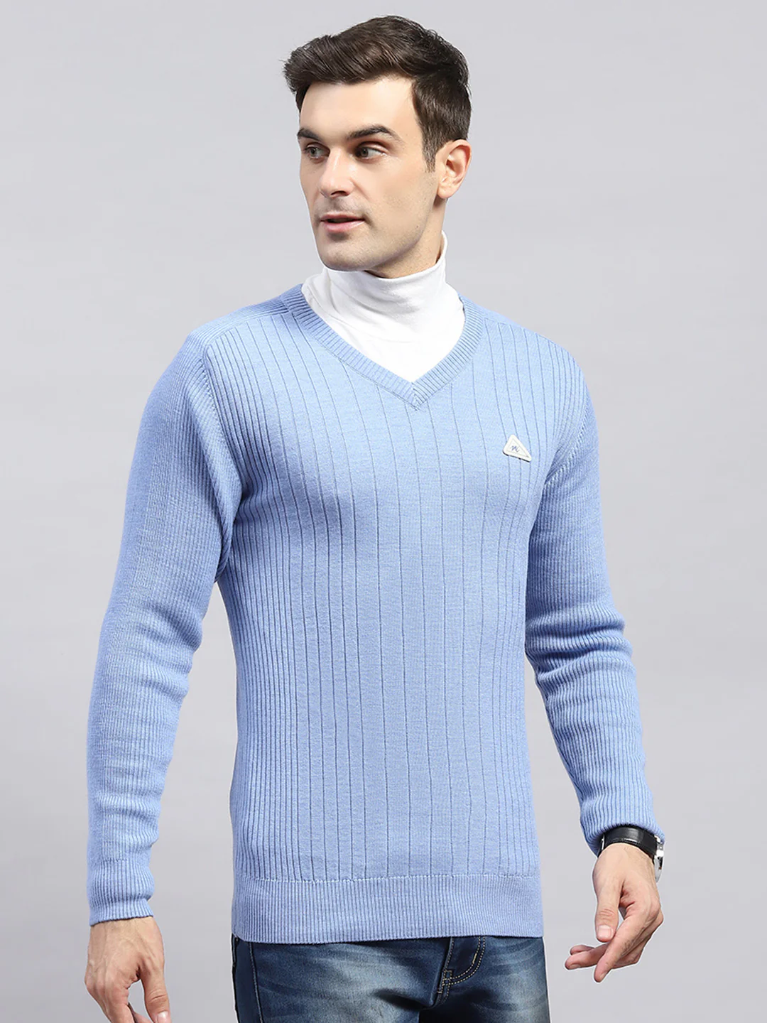 Men Sky Blue Solid V Neck Full Sleeve Pullover - Image 4