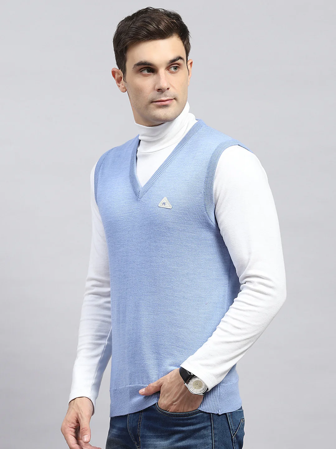 Men Sky Blue Solid V Neck Sleeveless Sweater - Image 3