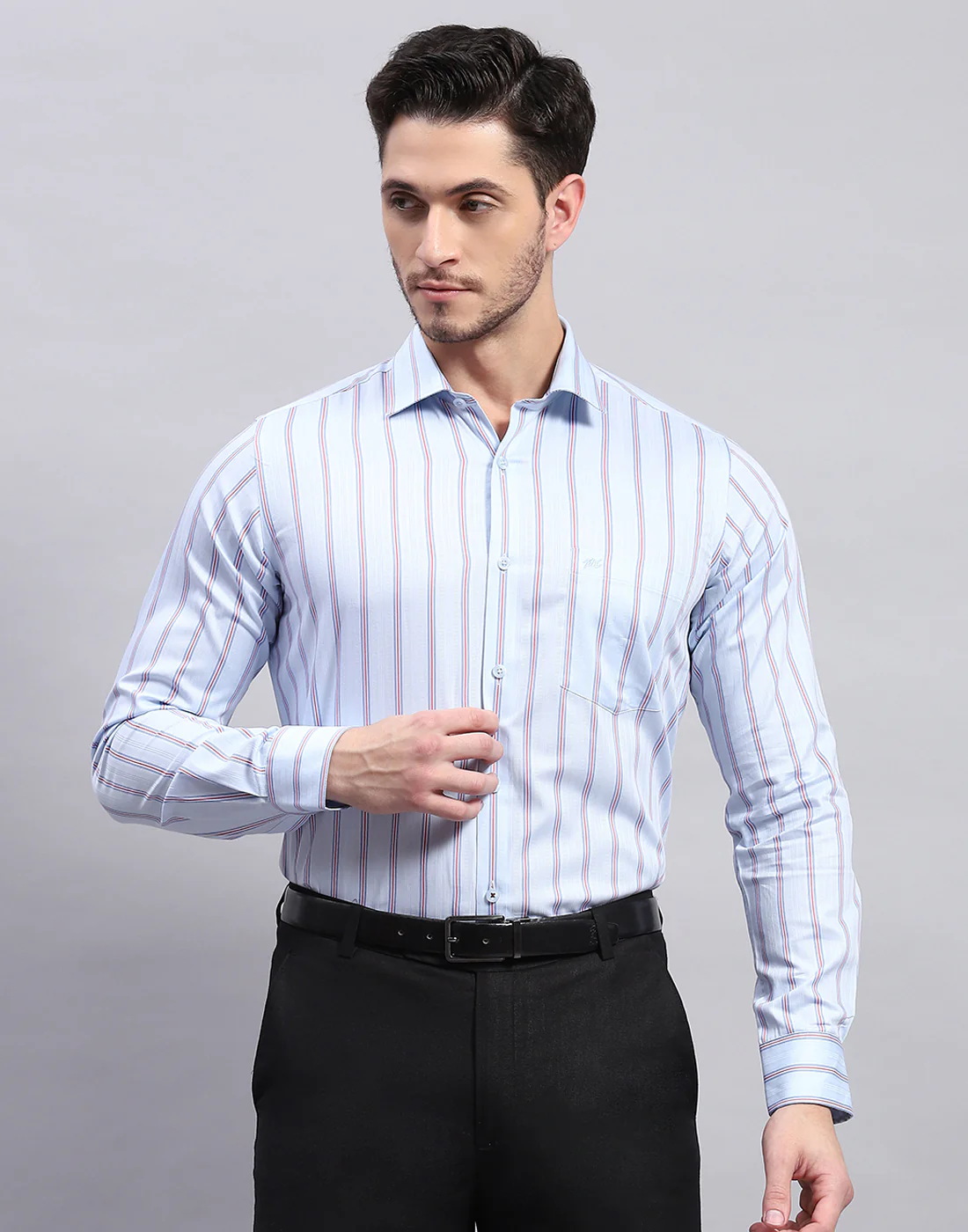 Men Sky Blue Stripe Collar Full Sleeve Shirt - Image 3