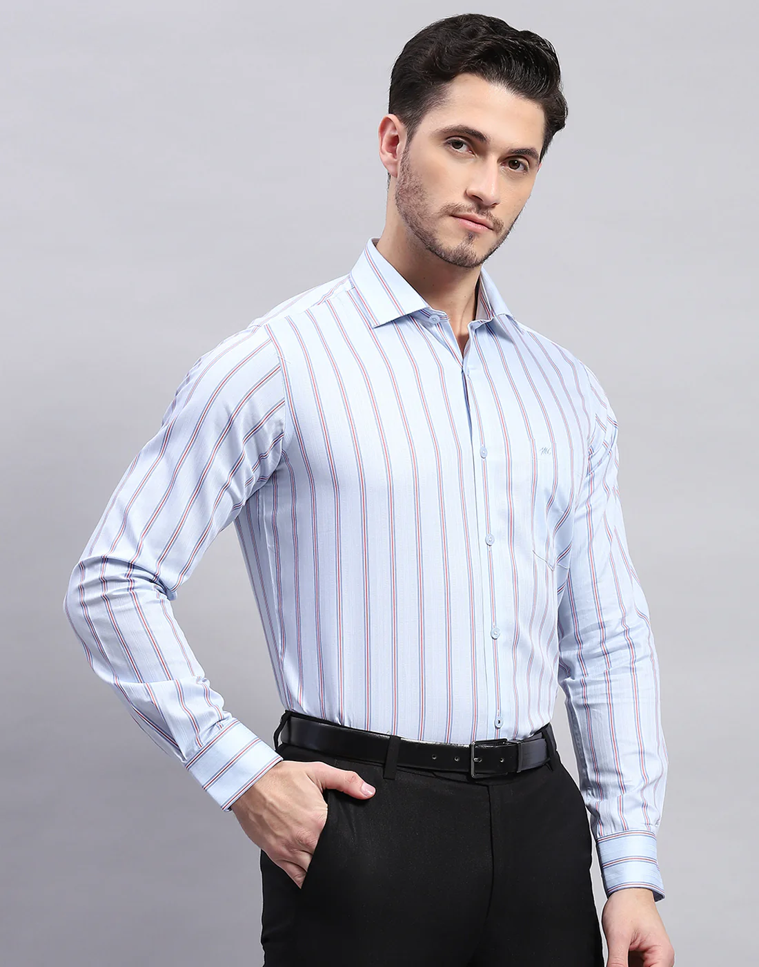 Men Sky Blue Stripe Collar Full Sleeve Shirt - Image 4