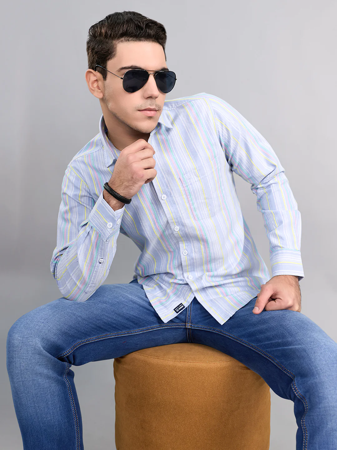 Men Sky Blue Stripe Collar Full Sleeve Shirt - Image 6