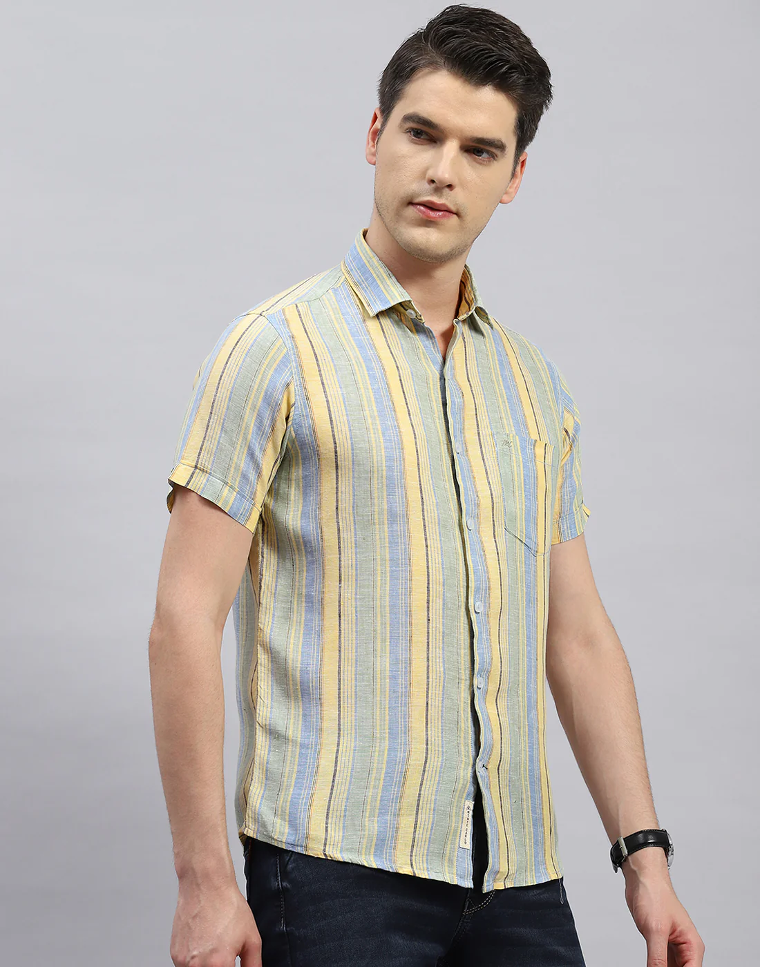 Men Sky Blue Stripe Collar Half Sleeve Linen Shirt - Image 4