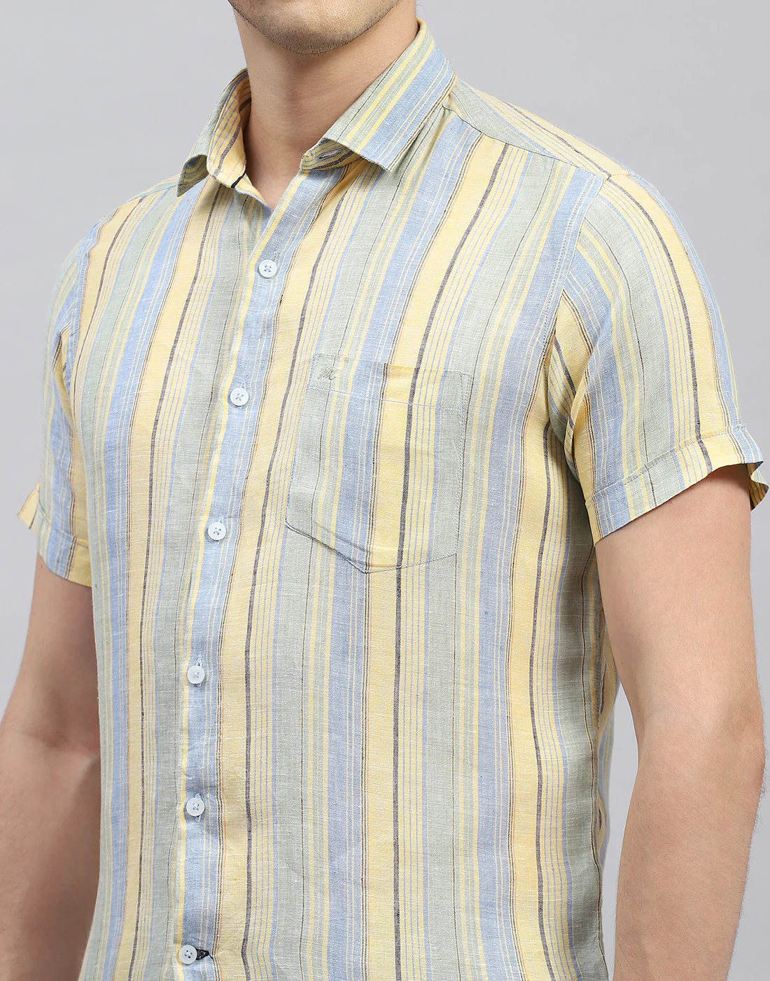 Men Sky Blue Stripe Collar Half Sleeve Linen Shirt - Image 6