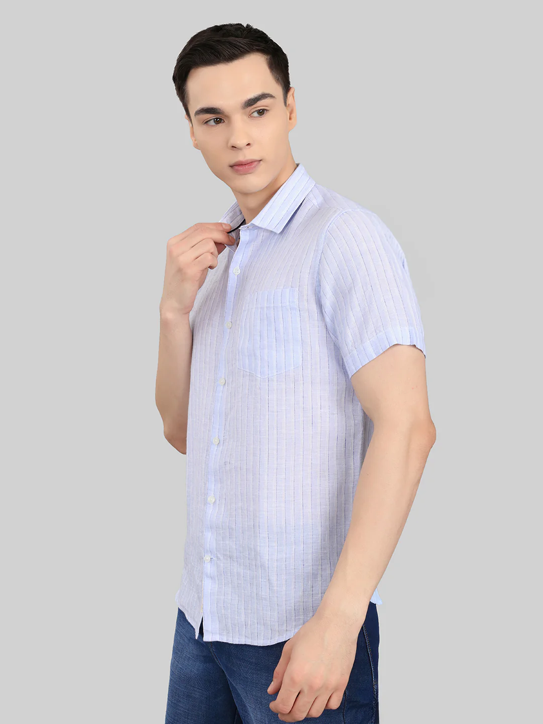 Men Sky Blue Stripe Collar Half Sleeve Shirt - Image 2