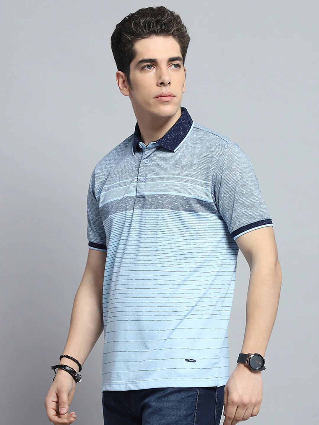 Men Sky Blue Stripe Collar Half Sleeve T-Shirt - Image 3