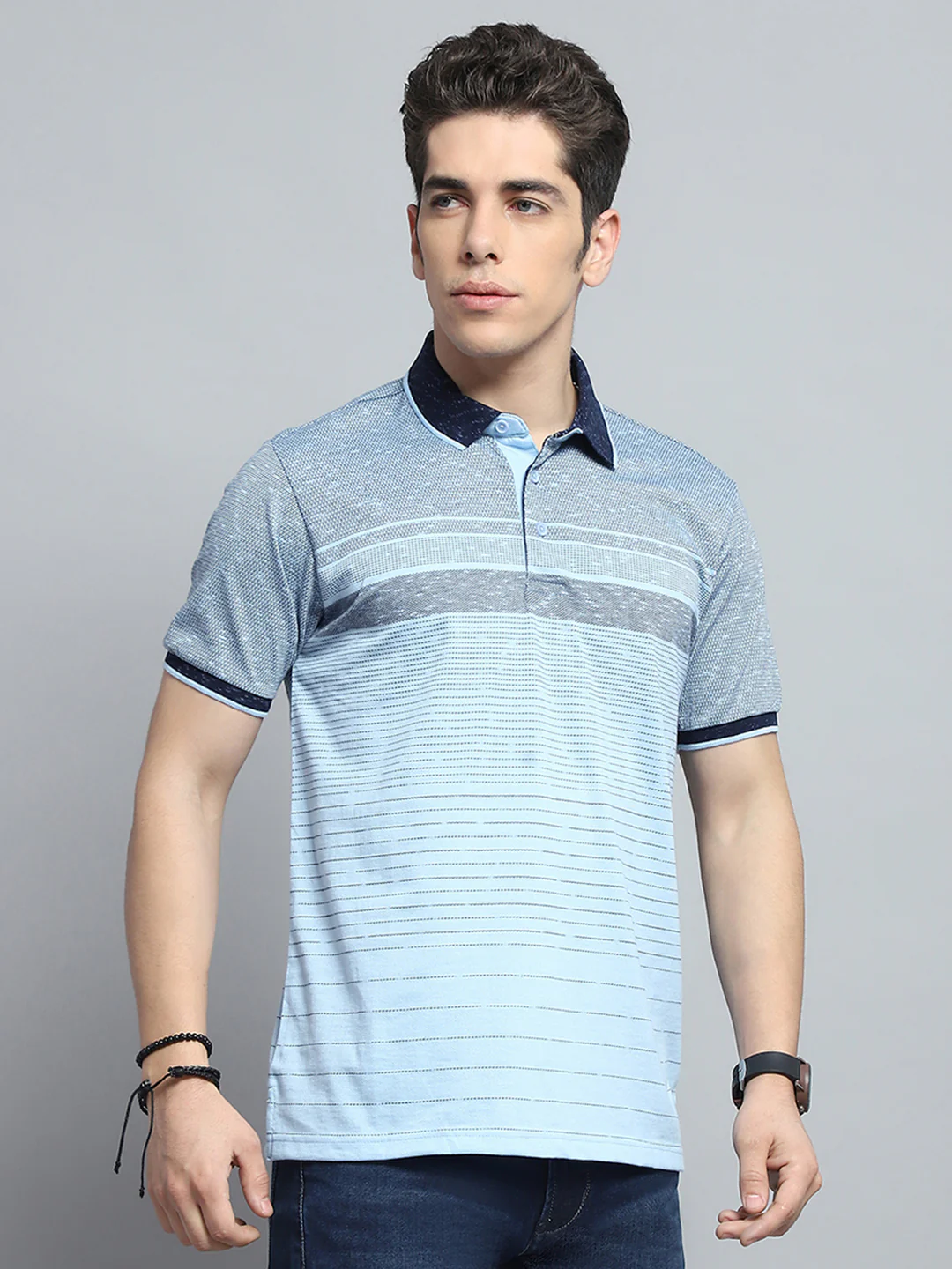 Men Sky Blue Stripe Collar Half Sleeve T-Shirt - Image 4