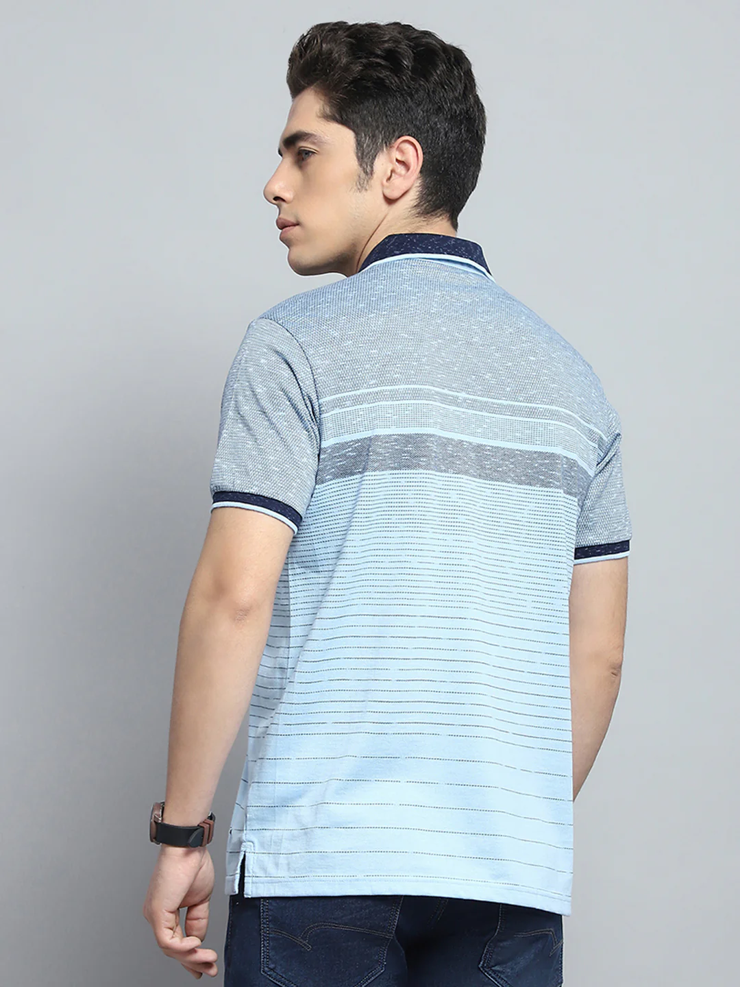 Men Sky Blue Stripe Collar Half Sleeve T-Shirt - Image 5