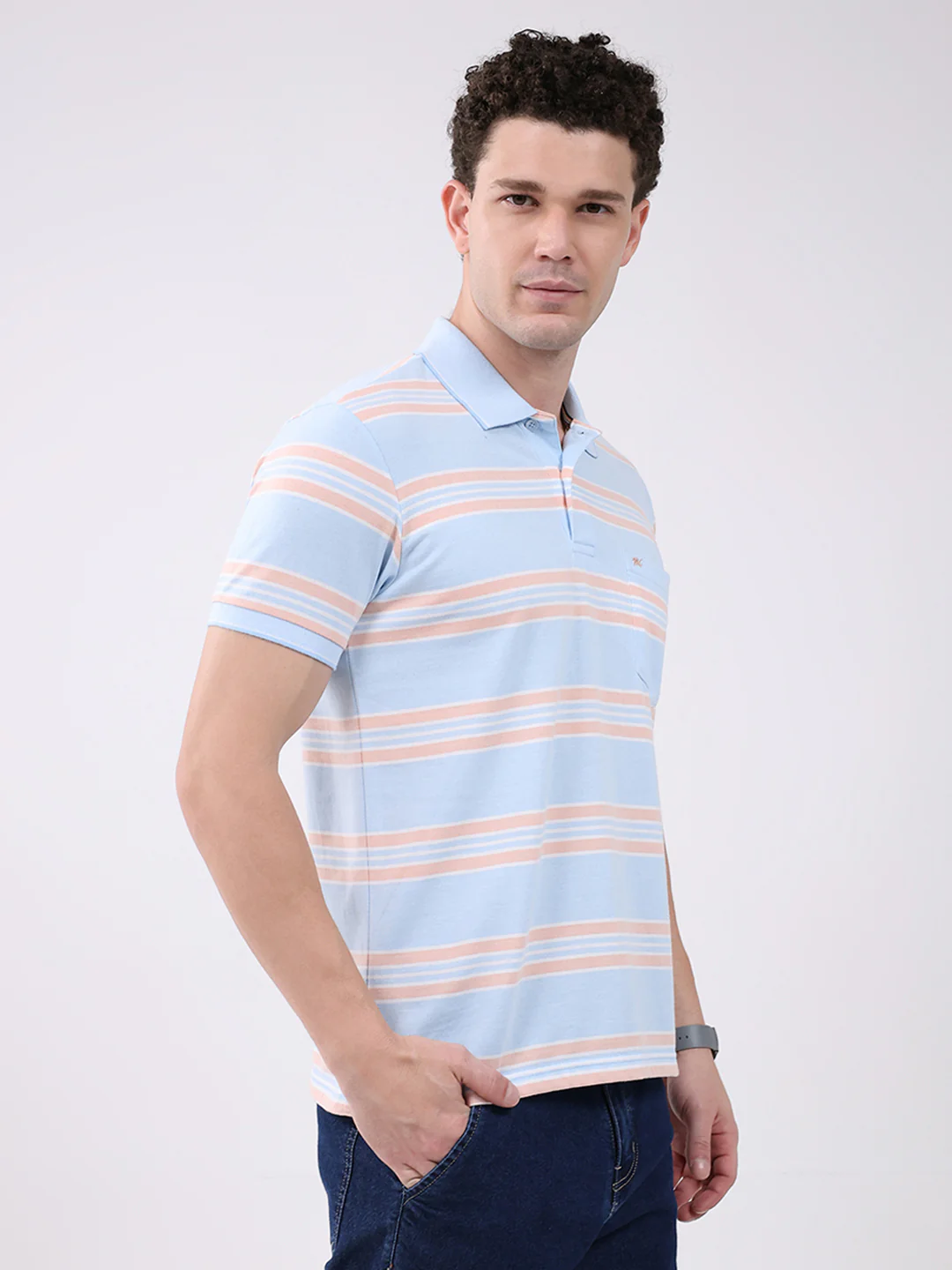 Men Sky Blue Stripe Collar Half Sleeve T-Shirt - Image 4