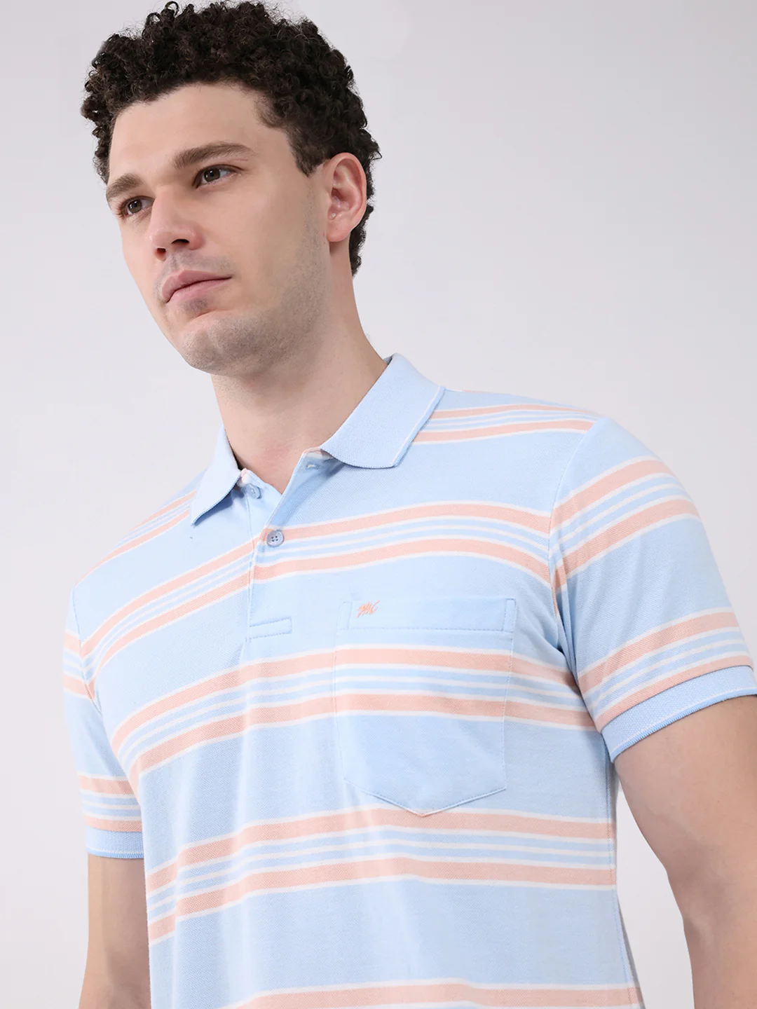 Men Sky Blue Stripe Collar Half Sleeve T-Shirt - Image 6