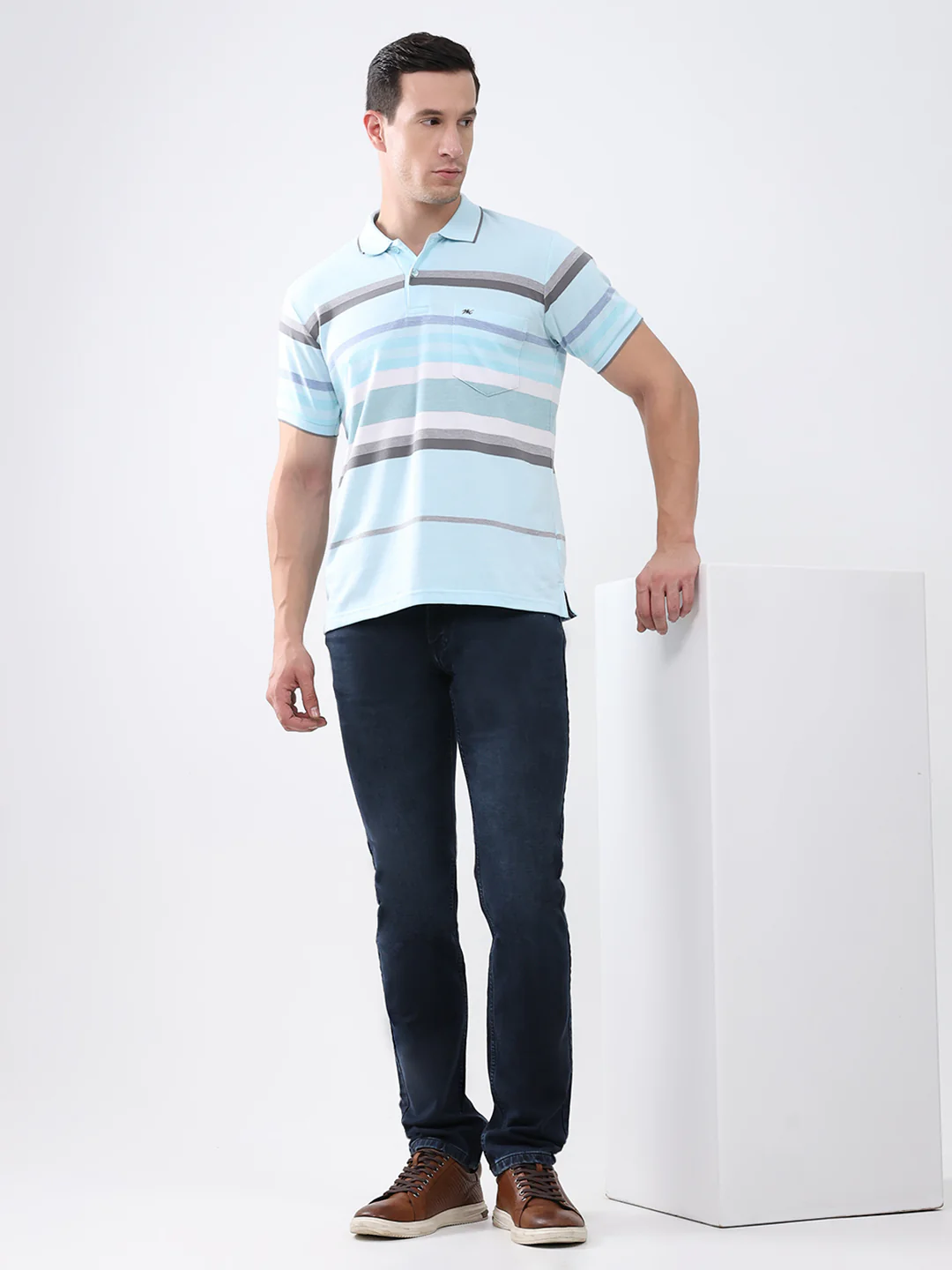 Men Sky Blue Stripe Collar Half Sleeve T-Shirt - Image 2