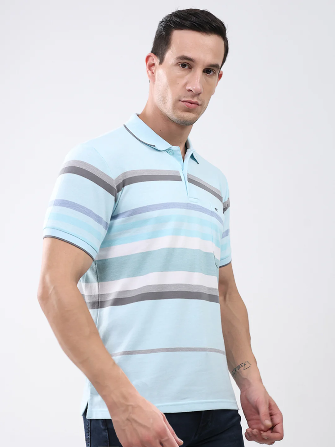Men Sky Blue Stripe Collar Half Sleeve T-Shirt - Image 4