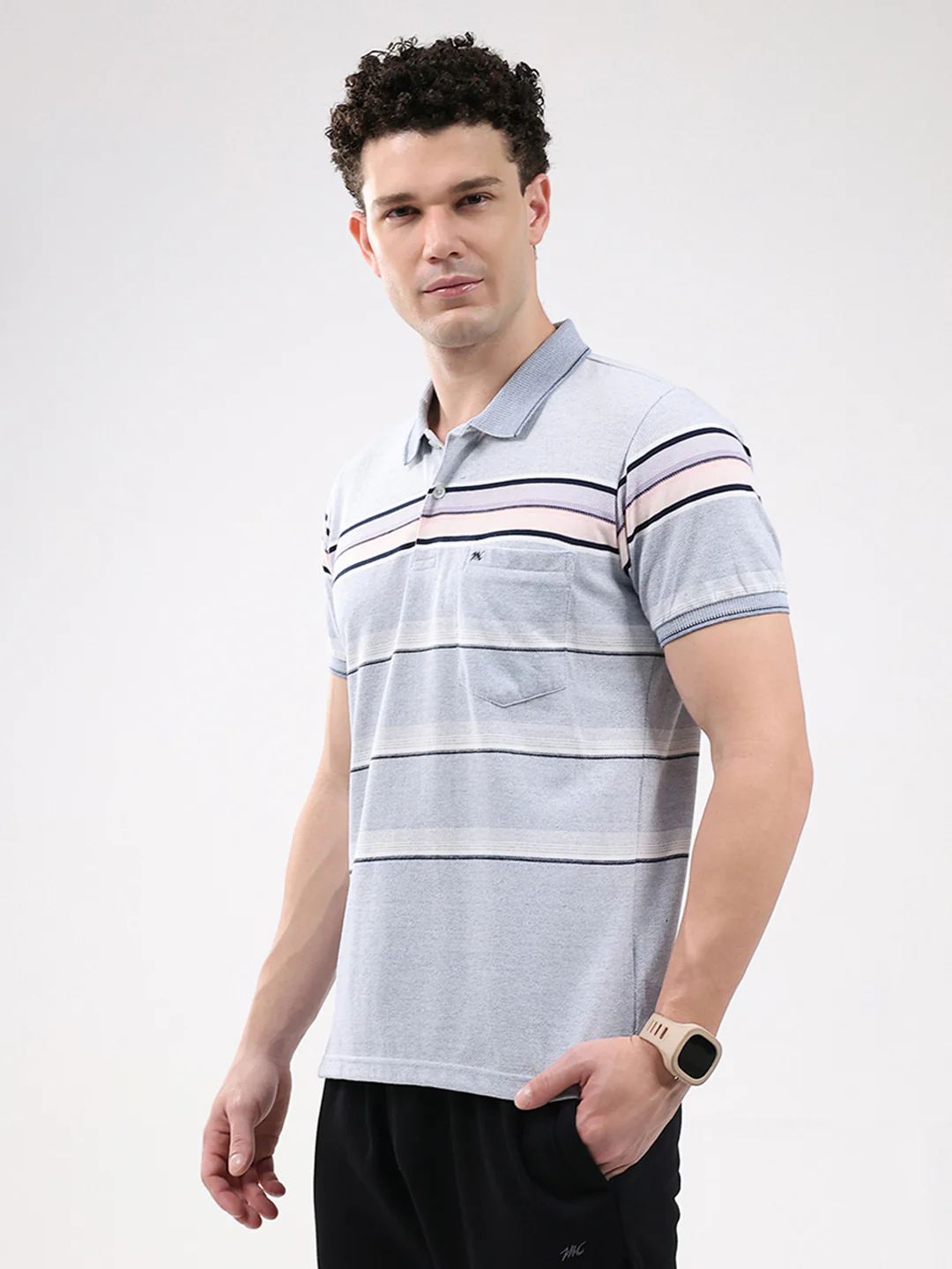 Men Sky Blue Stripe Collar Half Sleeve T-Shirt - Image 3