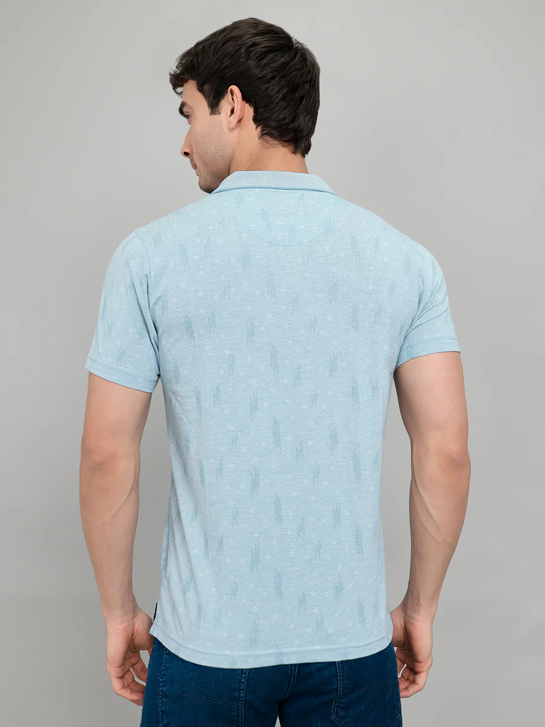Men Sky Blue Stripe Collar Half Sleeve T-Shirt - Image 5