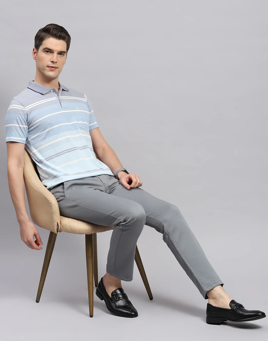 Men Sky Blue Stripe Collar Neck Half Sleeve T-Shirt - Image 2