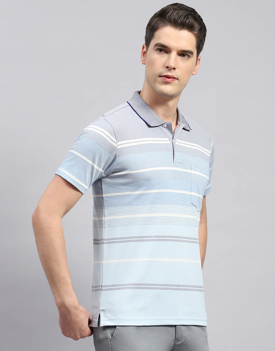 Men Sky Blue Stripe Collar Neck Half Sleeve T-Shirt - Image 4