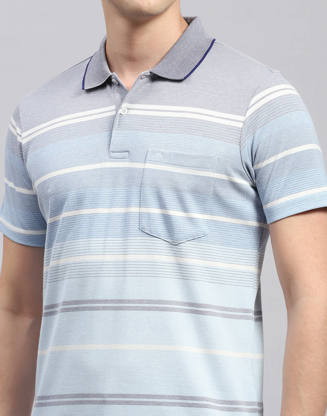 Men Sky Blue Stripe Collar Neck Half Sleeve T-Shirt - Image 6