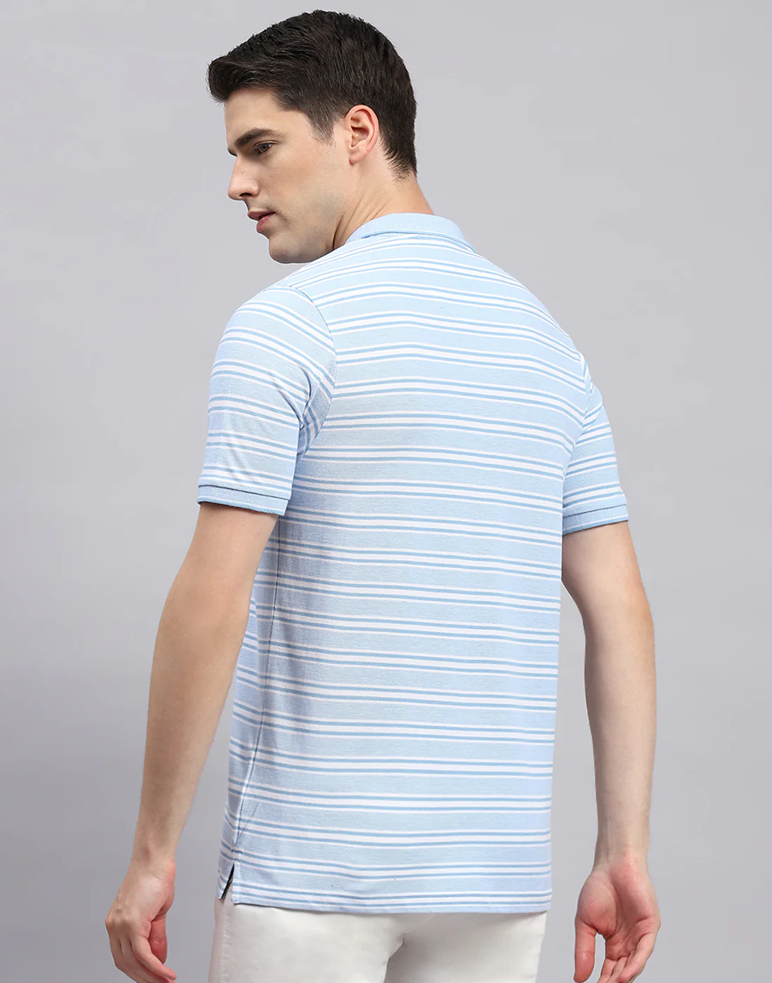 Men Sky Blue Stripe Collar Neck Half Sleeve T-Shirt - Image 5