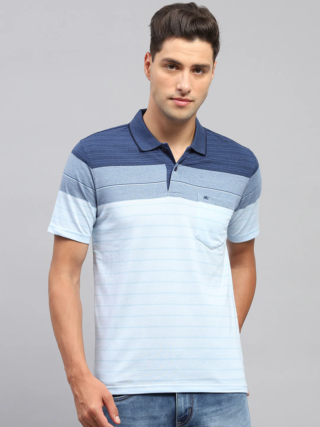 Men Sky Blue Stripe Polo Collar Half Sleeve T-Shirt - Image 2