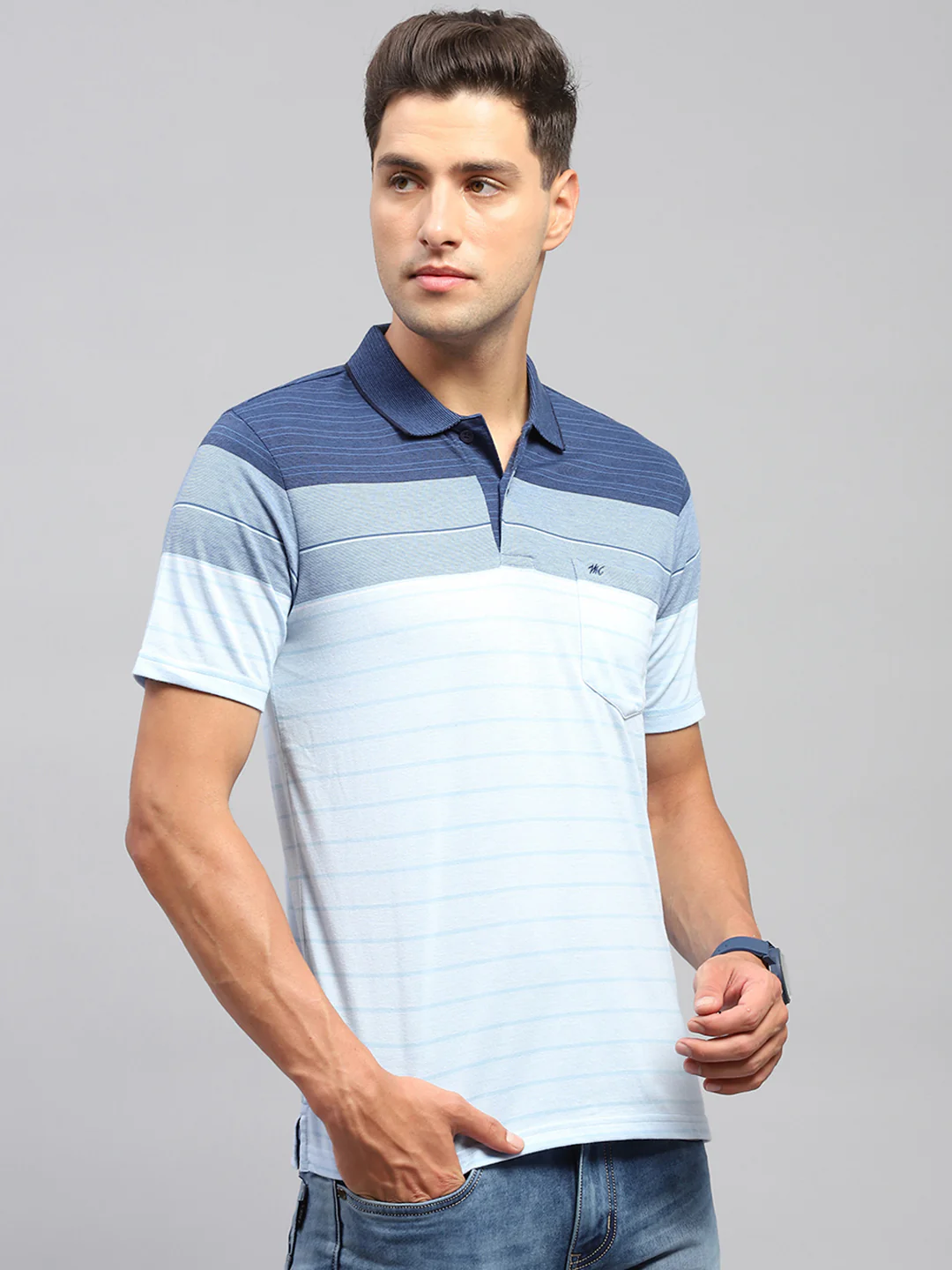 Men Sky Blue Stripe Polo Collar Half Sleeve T-Shirt - Image 4