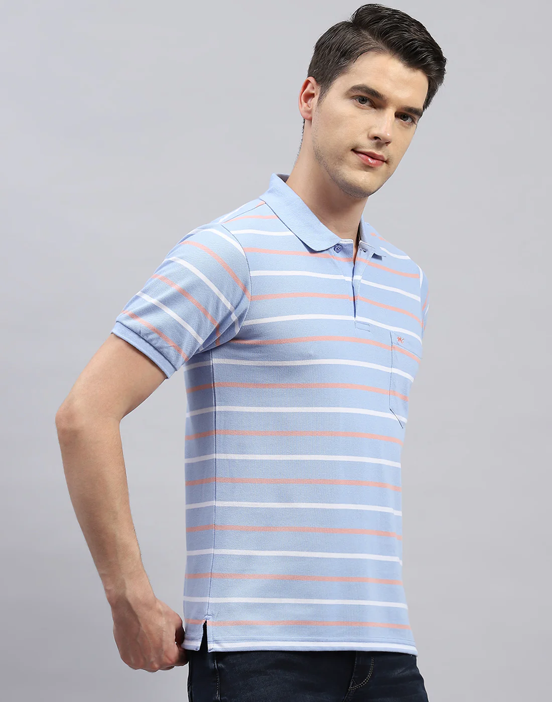 Men Sky Blue Stripe Polo Collar Half Sleeve T-Shirt - Image 4