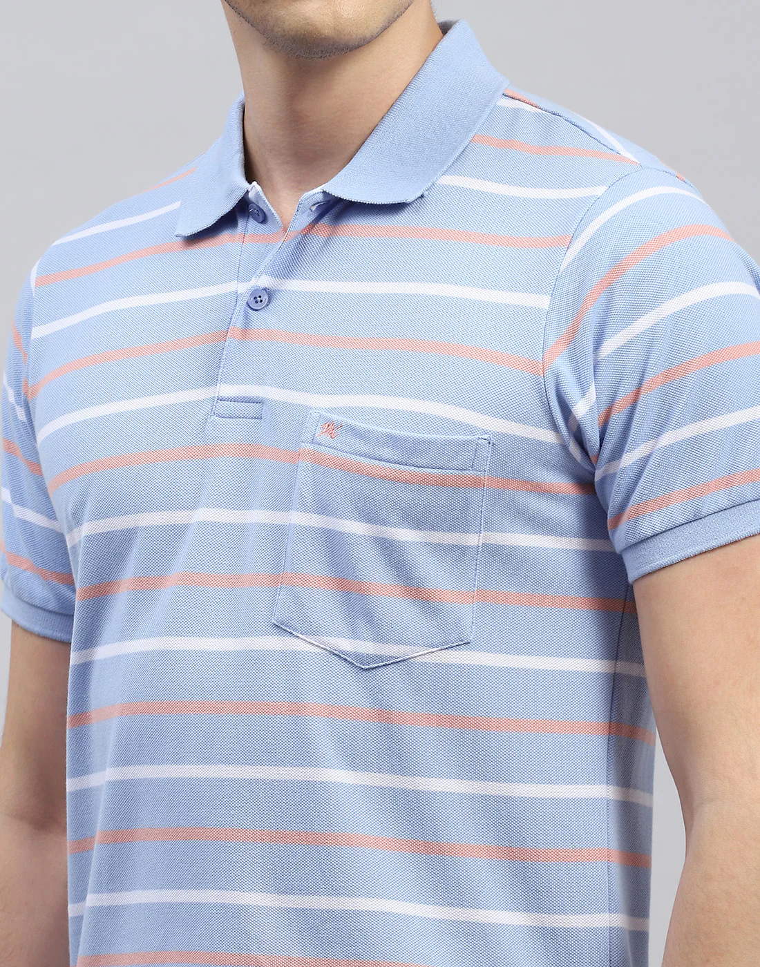 Men Sky Blue Stripe Polo Collar Half Sleeve T-Shirt - Image 6