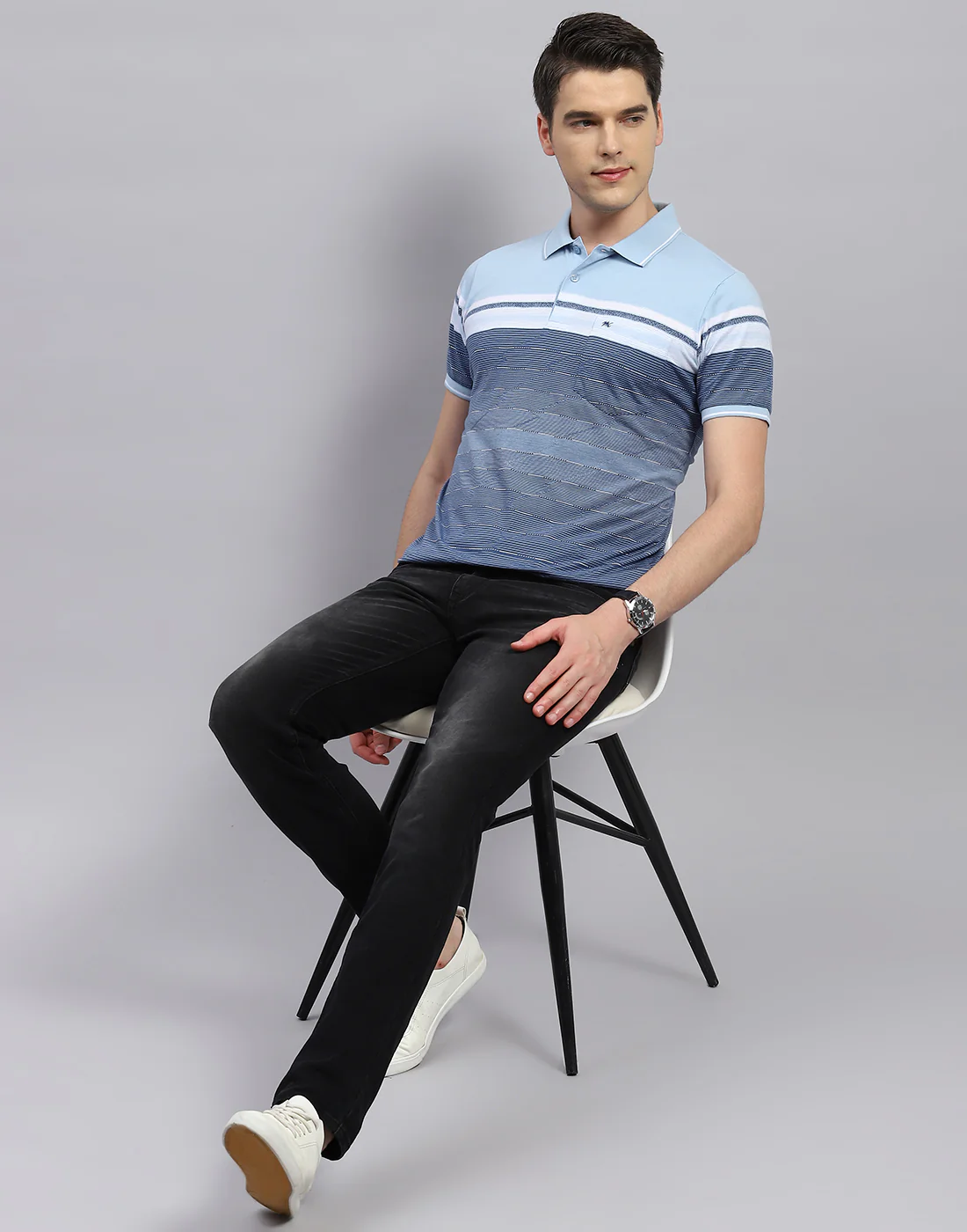 Men Sky Blue Stripe Polo Collar Half Sleeve T-Shirt - Image 2