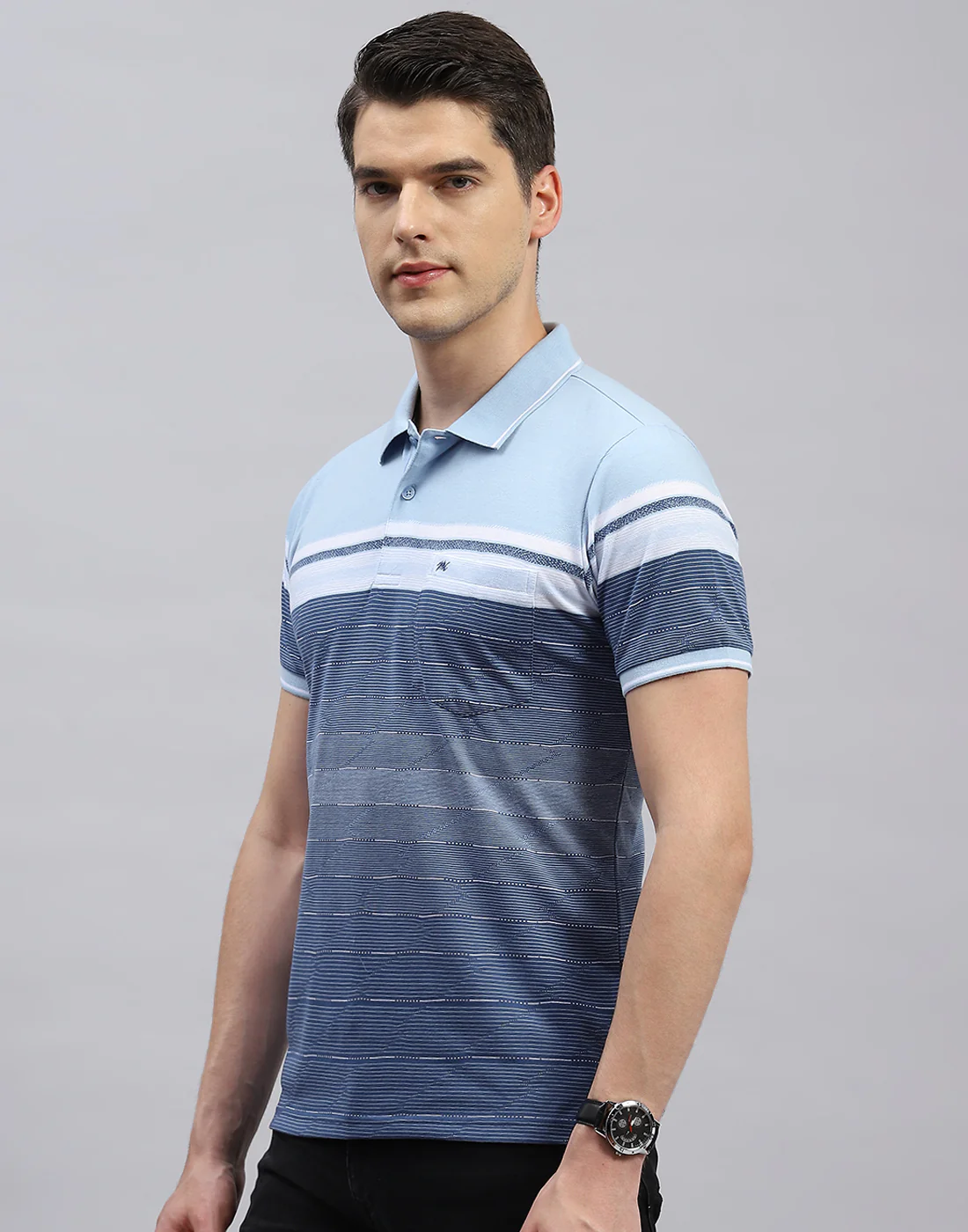 Men Sky Blue Stripe Polo Collar Half Sleeve T-Shirt - Image 3
