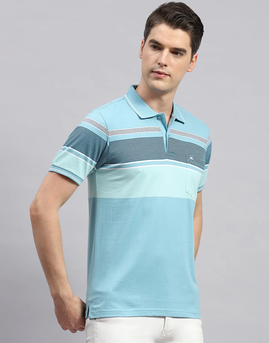 Men Sky Blue Stripe Polo Collar Half Sleeve T-Shirt - Image 4
