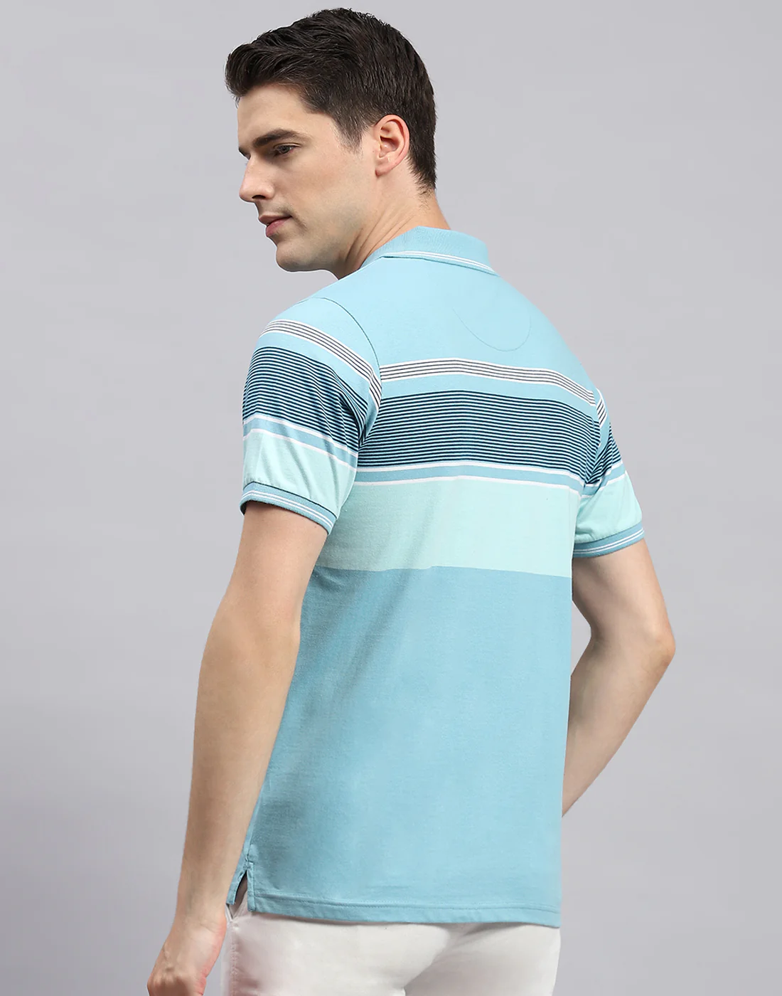 Men Sky Blue Stripe Polo Collar Half Sleeve T-Shirt - Image 5