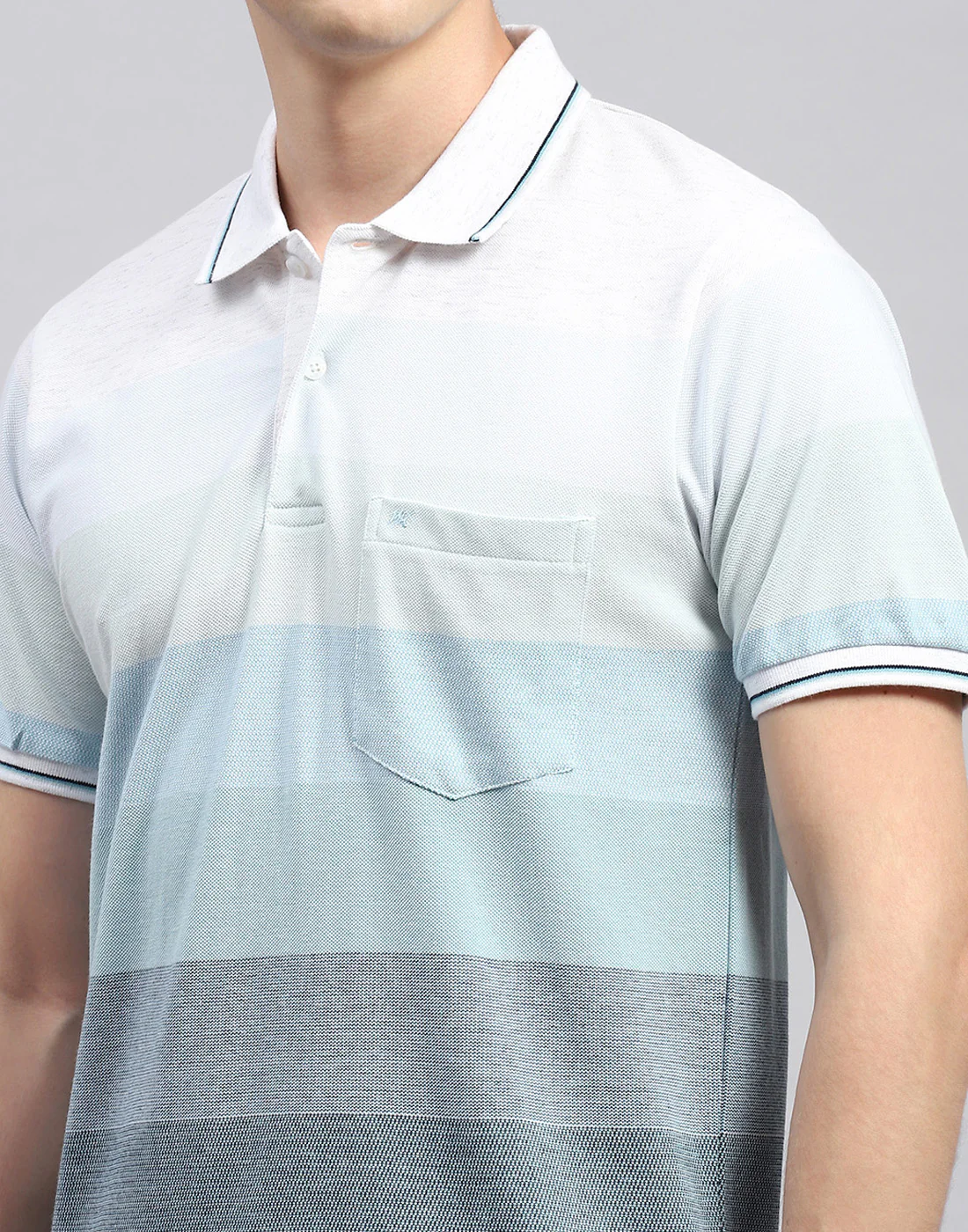 Men Sky Blue Stripe Polo Collar Half Sleeve T-Shirt - Image 6