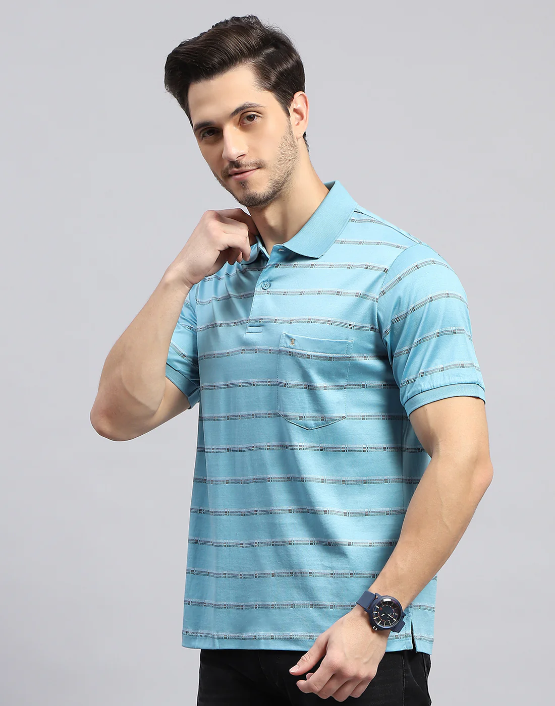 Men Sky Blue Stripe Polo Collar Half Sleeve T-Shirt - Image 4
